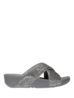 FitFlop Lulu Crinkled Shimmer Cross Sliders, Silver