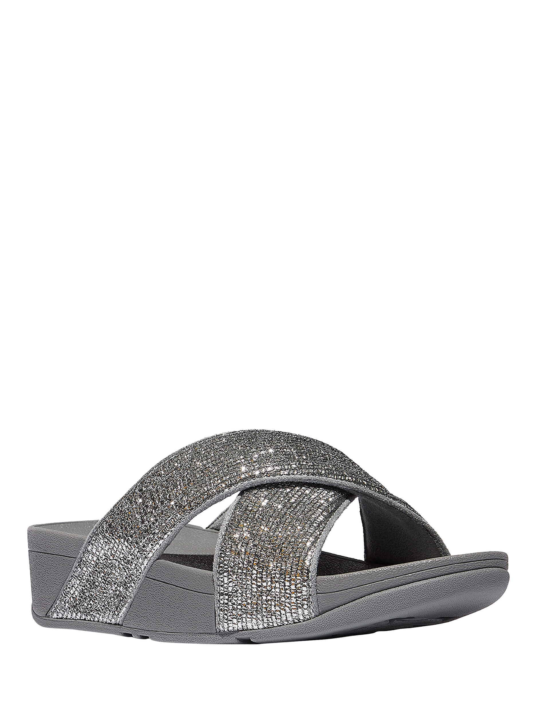 Product image 2 of 4, which shows FitFlop Lulu Crinkled Shimmer Cross Sliders, Silvereen, 3