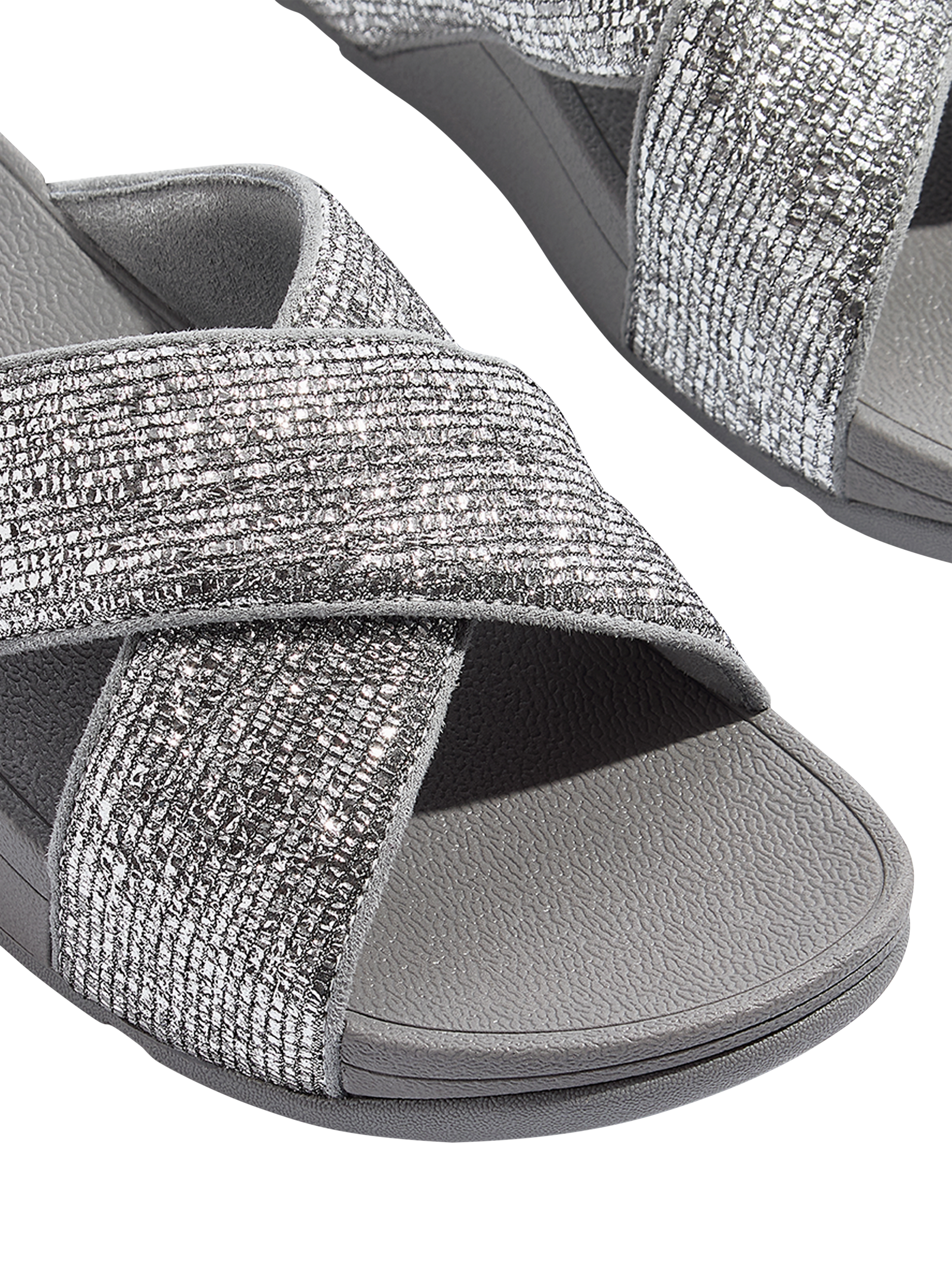 Product image 3 of 4, which shows FitFlop Lulu Crinkled Shimmer Cross Sliders, Silvereen, 3