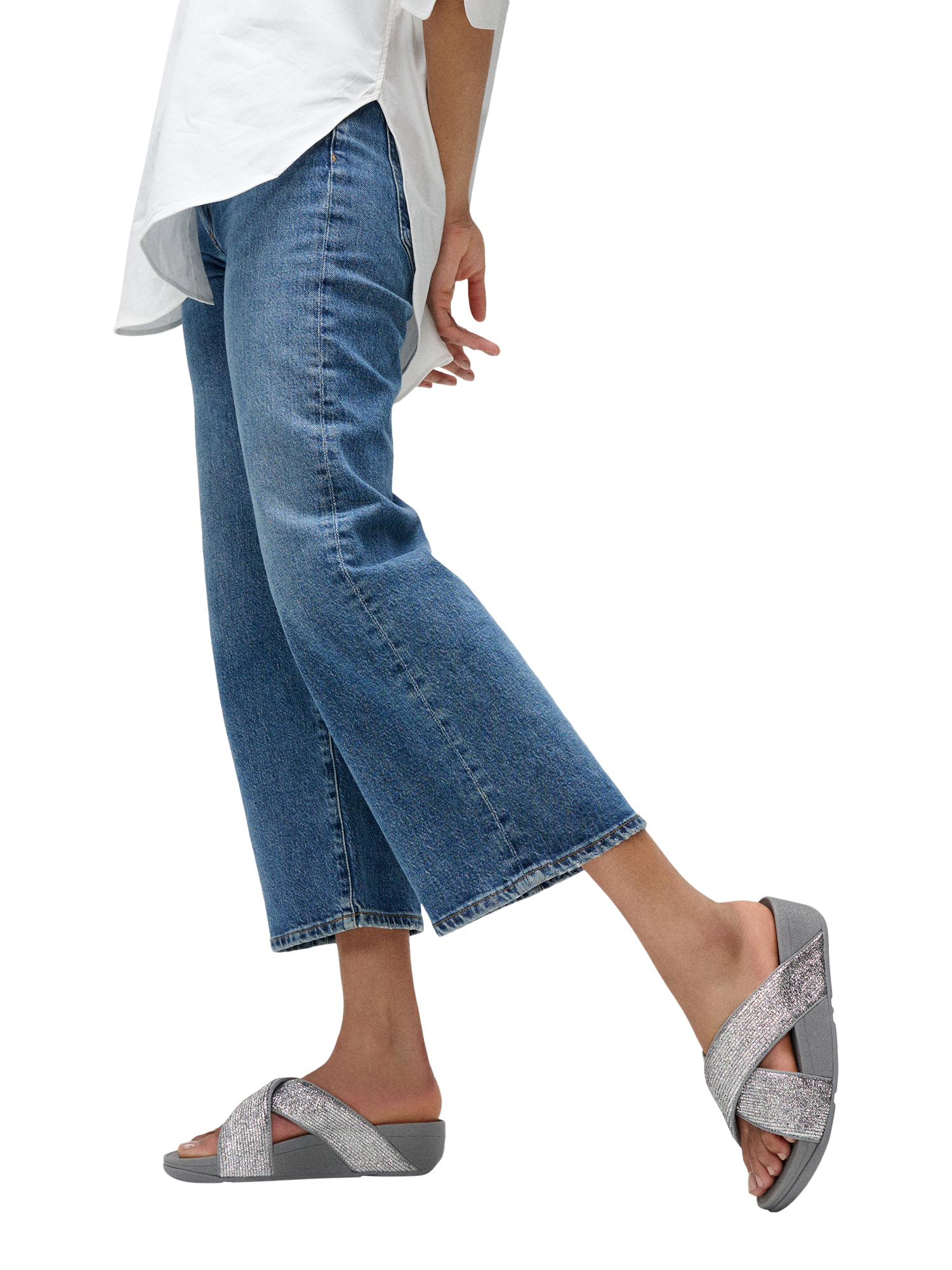 Product image 4 of 4, which shows FitFlop Lulu Crinkled Shimmer Cross Sliders, Silvereen, 3