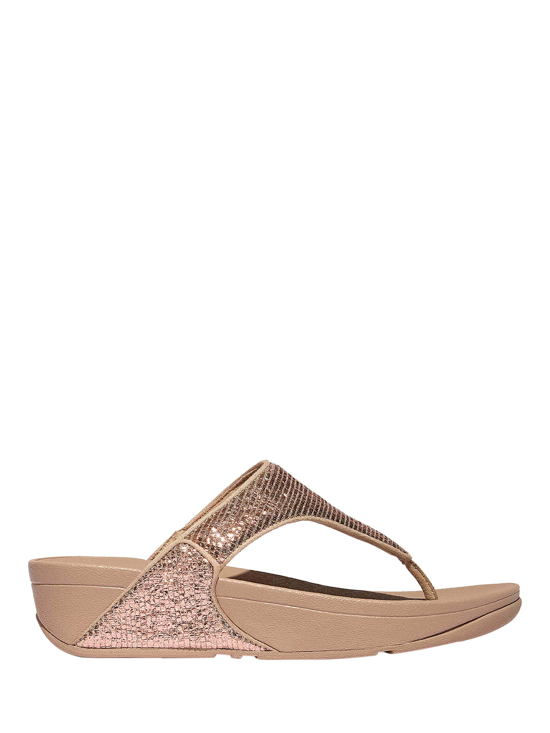 Product image 1 of 4, which shows FitFlop Lulu Crinkled Shimmer Toe-Post Sandals, Metallic Beige, 3