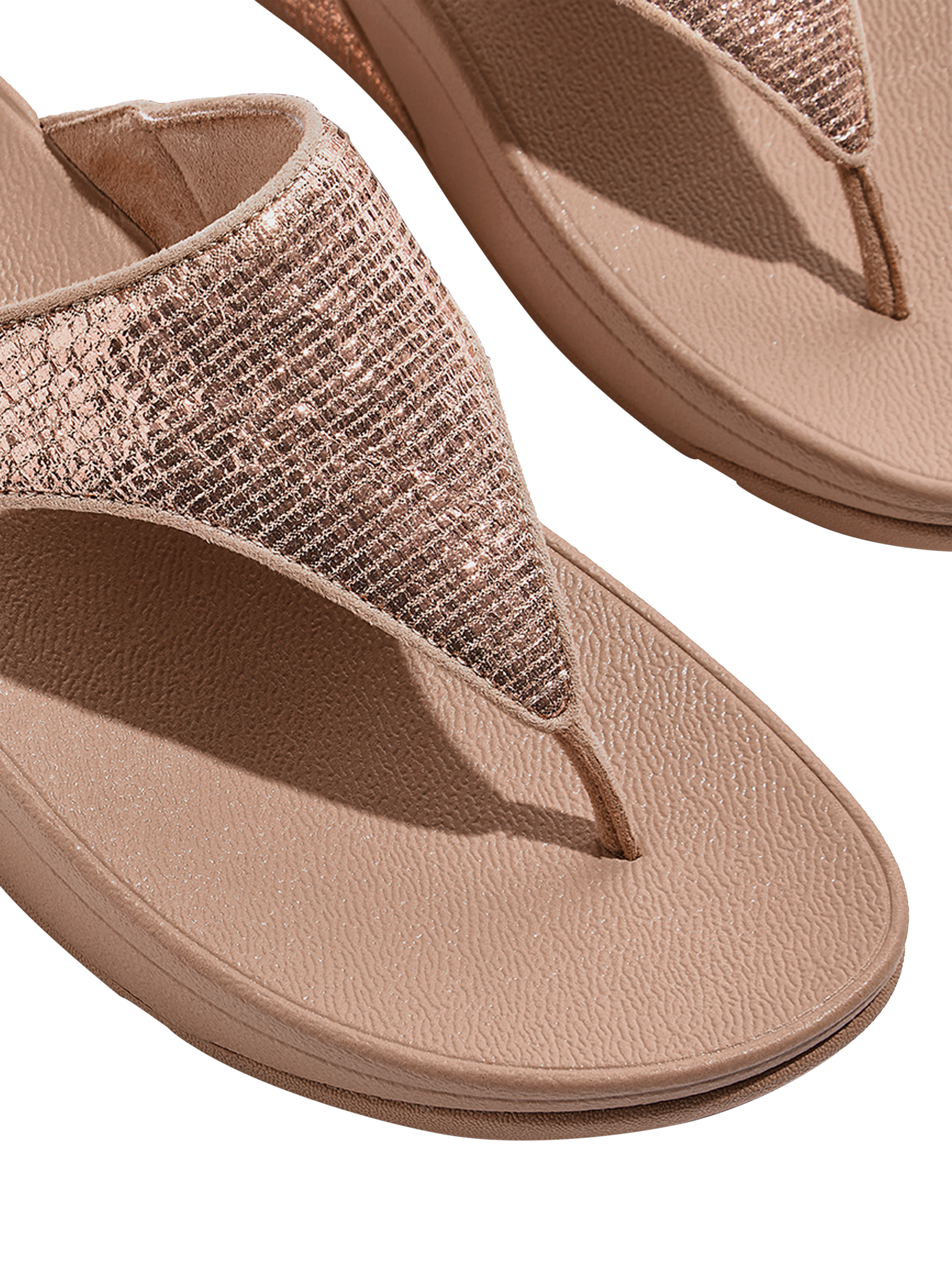 Product image 3 of 4, which shows FitFlop Lulu Crinkled Shimmer Toe-Post Sandals, Metallic Beige, 3