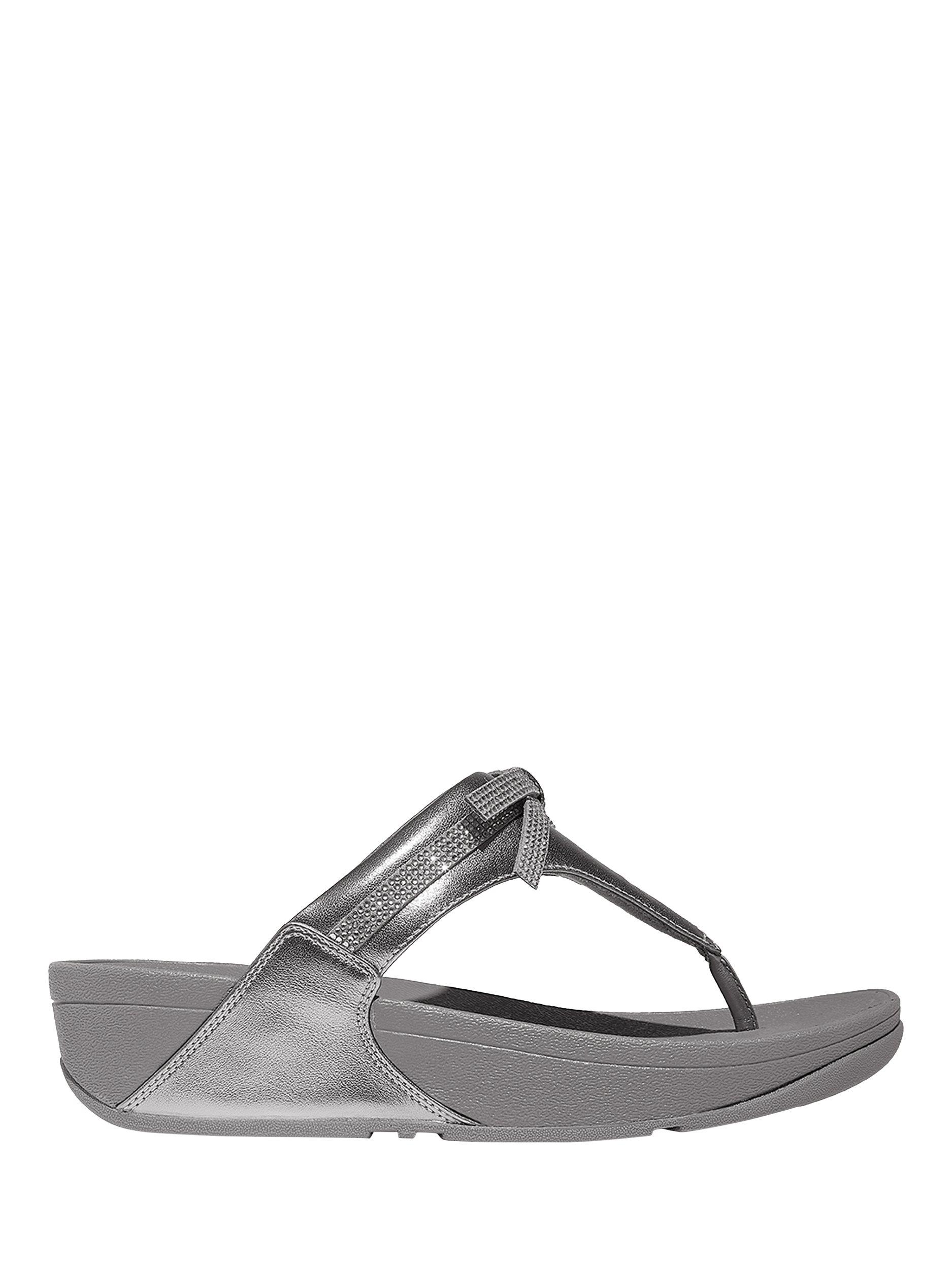 Product image 1 of 5, which shows FitFlop Lulu Glitz Bow Leather Toe-Post Sandals, Silvereen, 3