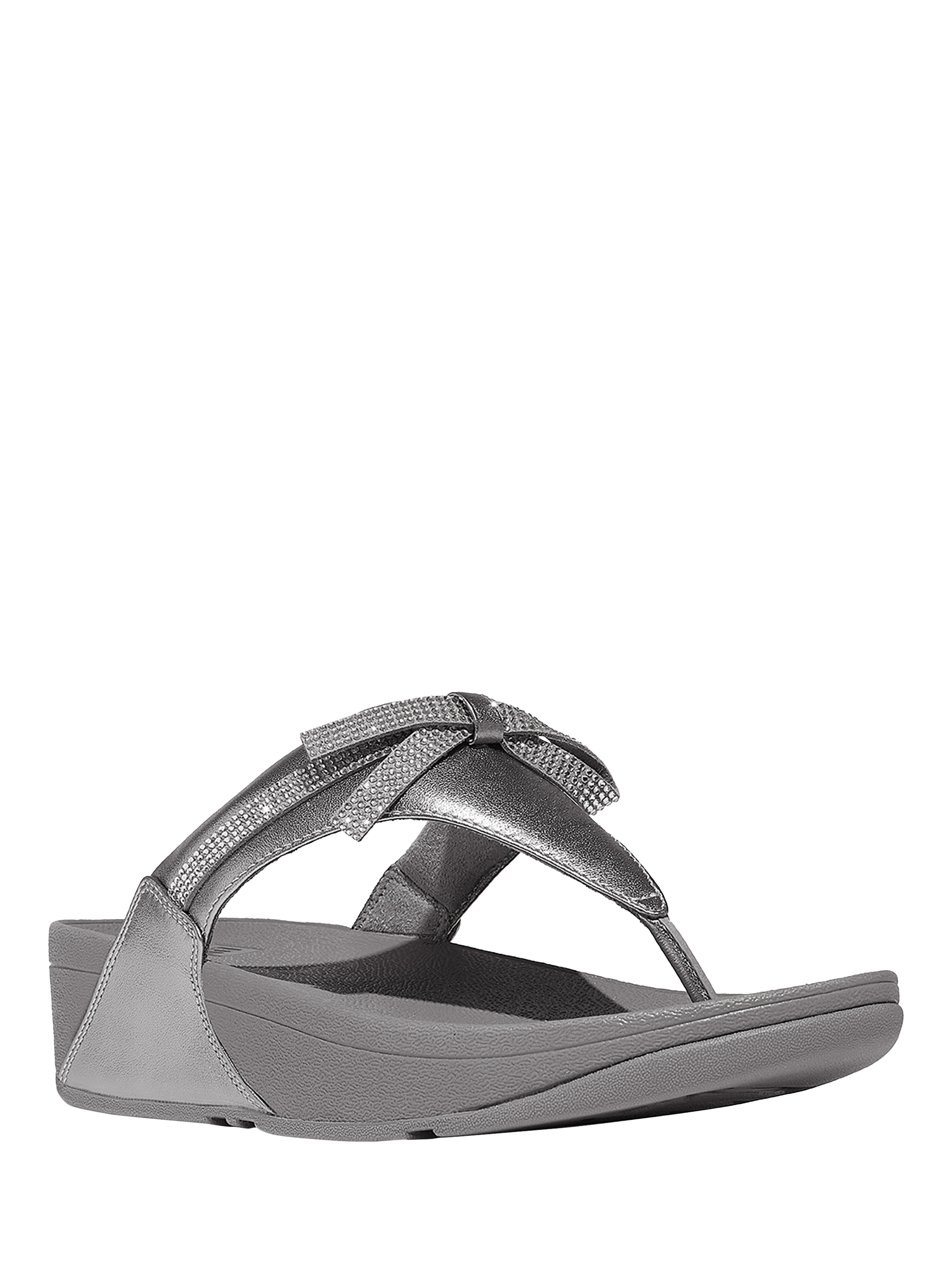 Product image 2 of 5, which shows FitFlop Lulu Glitz Bow Leather Toe-Post Sandals, Silvereen, 3
