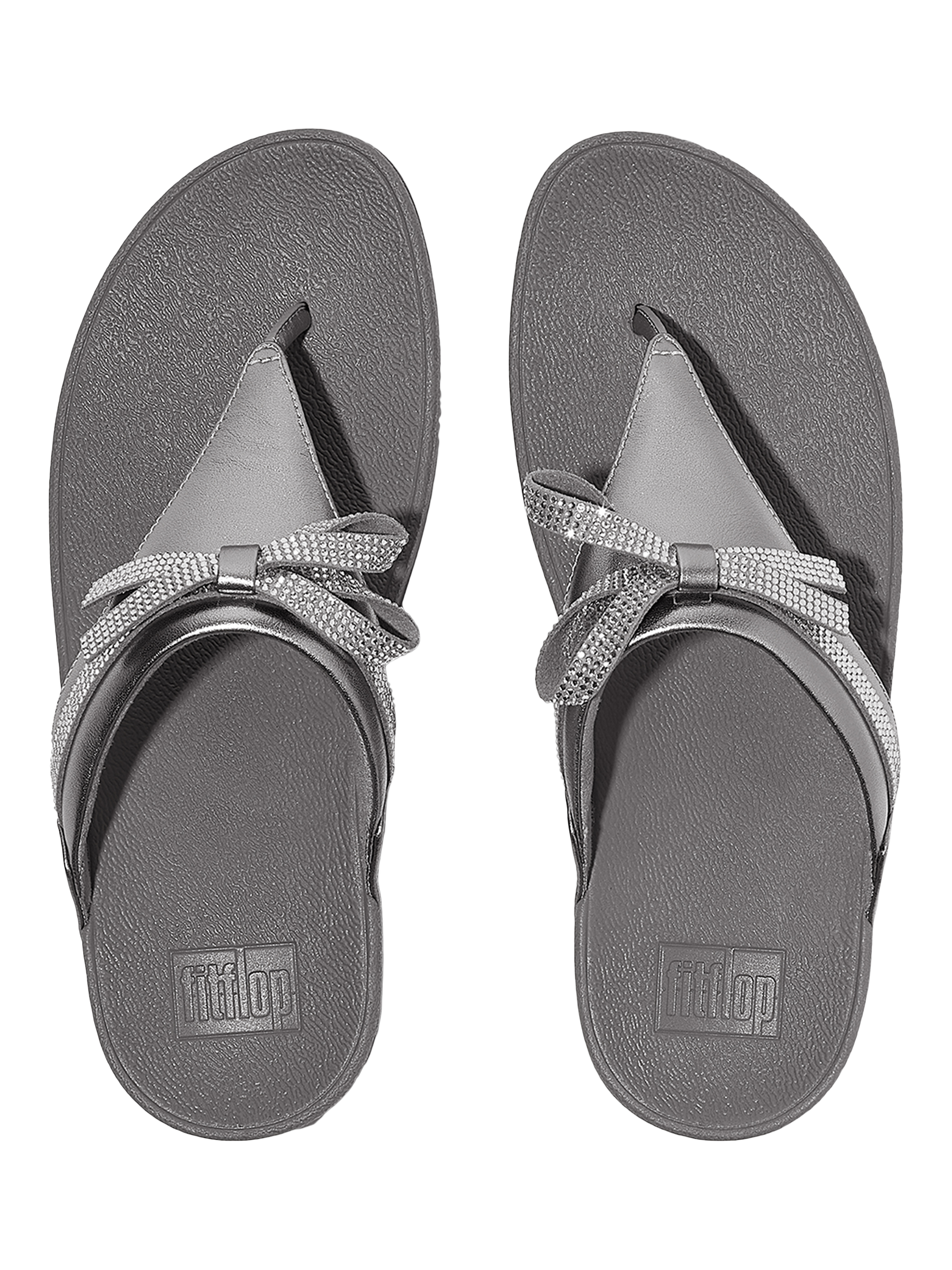 Product image 4 of 5, which shows FitFlop Lulu Glitz Bow Leather Toe-Post Sandals, Silvereen, 3