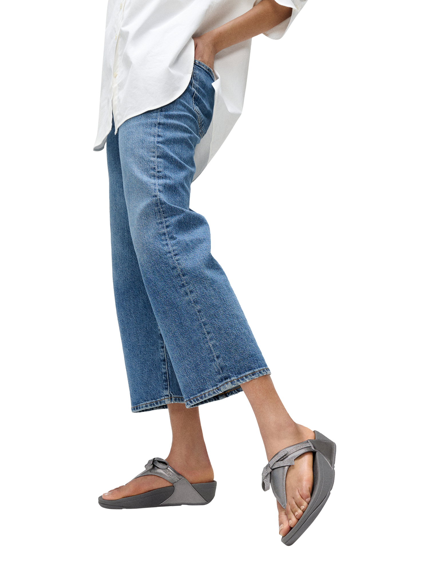 Product image 5 of 5, which shows FitFlop Lulu Glitz Bow Leather Toe-Post Sandals, Silvereen, 3