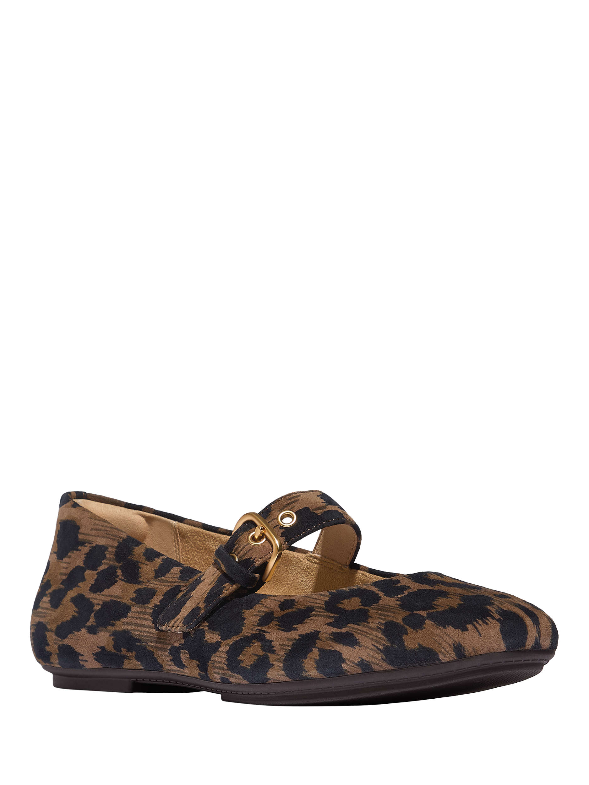 Product image 2 of 6, which shows FitFlop Delicato Leopard Print Suede Mary Jane Flats, Chocolate Mix, 3
