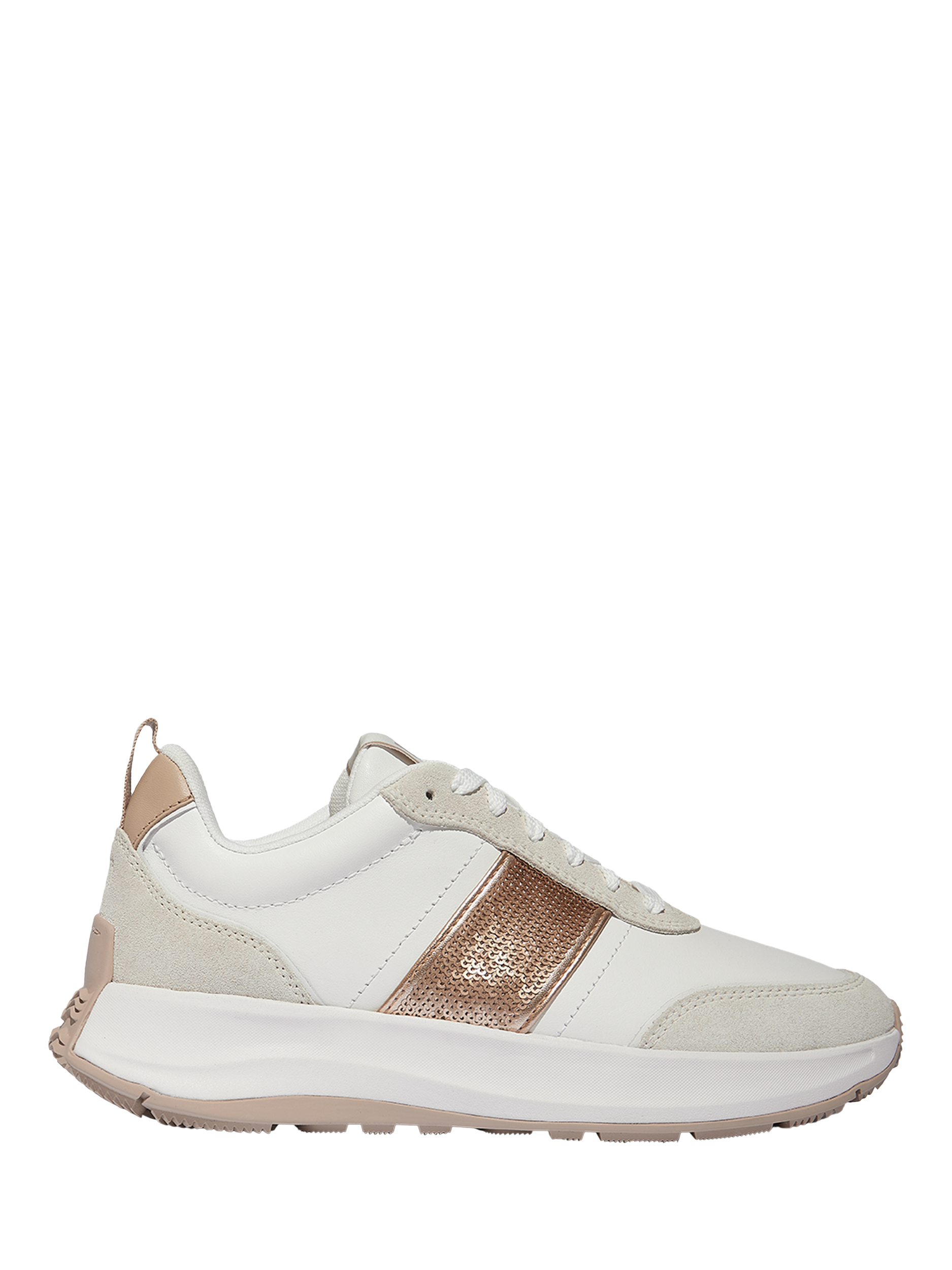 Product image 1 of 4, which shows FitFlop F-Mode Flow Sequin Suede Blend Flatform Trainers, Urban Beige, 3