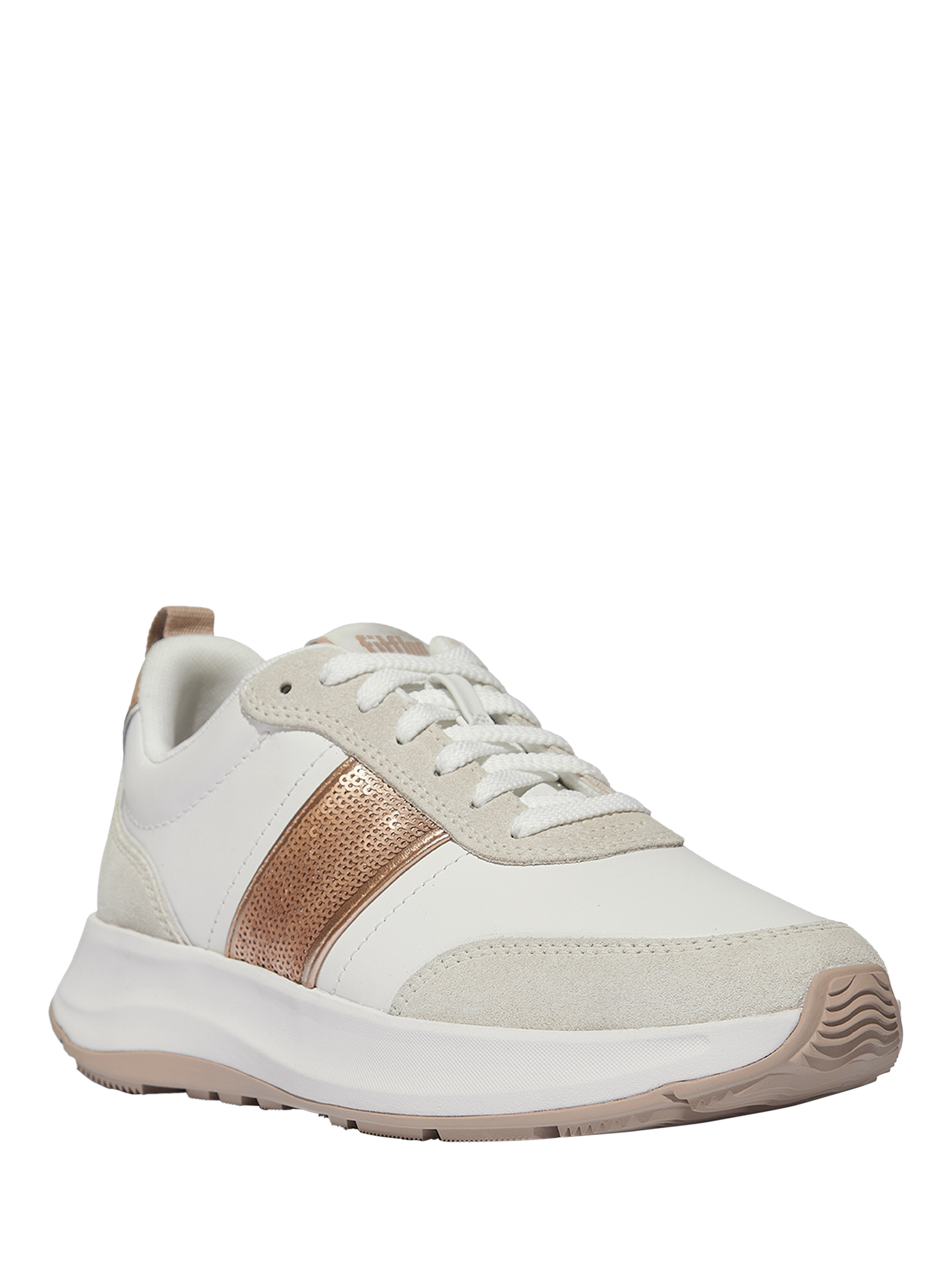 Product image 2 of 4, which shows FitFlop F-Mode Flow Sequin Suede Blend Flatform Trainers, Urban Beige, 3