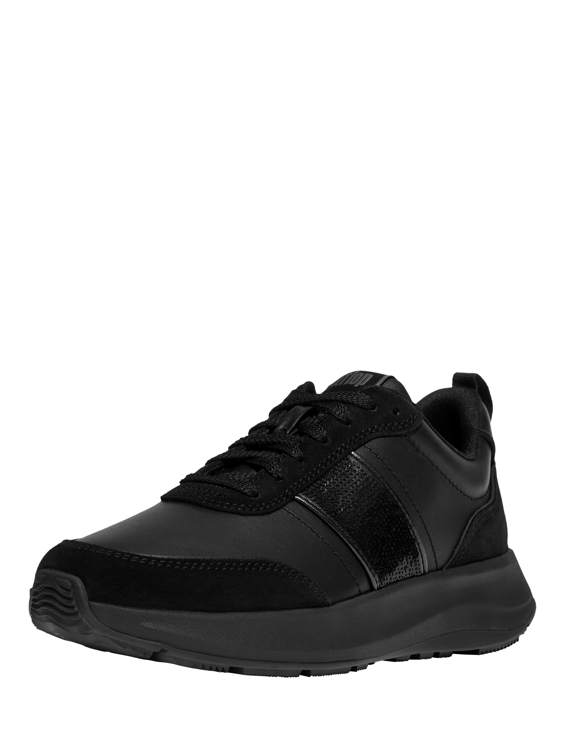 Product image 2 of 5, which shows FitFlop F-Mode Flow Sequin Suede Blend Flatform Trainers, All Black, 3