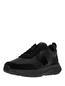 FitFlop F-Mode Flow Sequin Suede Blend Flatform Trainers - view 2, All Black