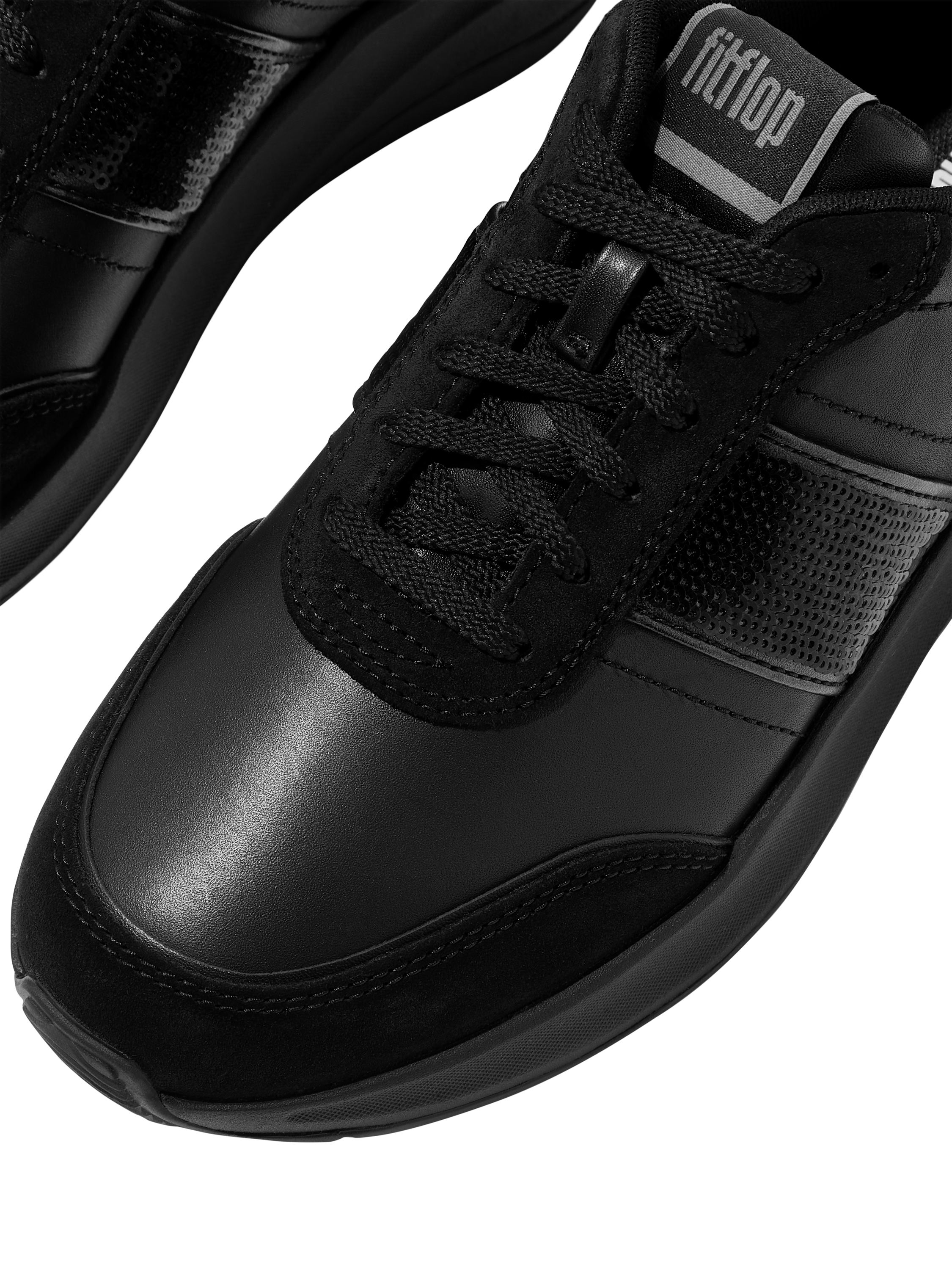 Product image 3 of 5, which shows FitFlop F-Mode Flow Sequin Suede Blend Flatform Trainers, All Black, 3
