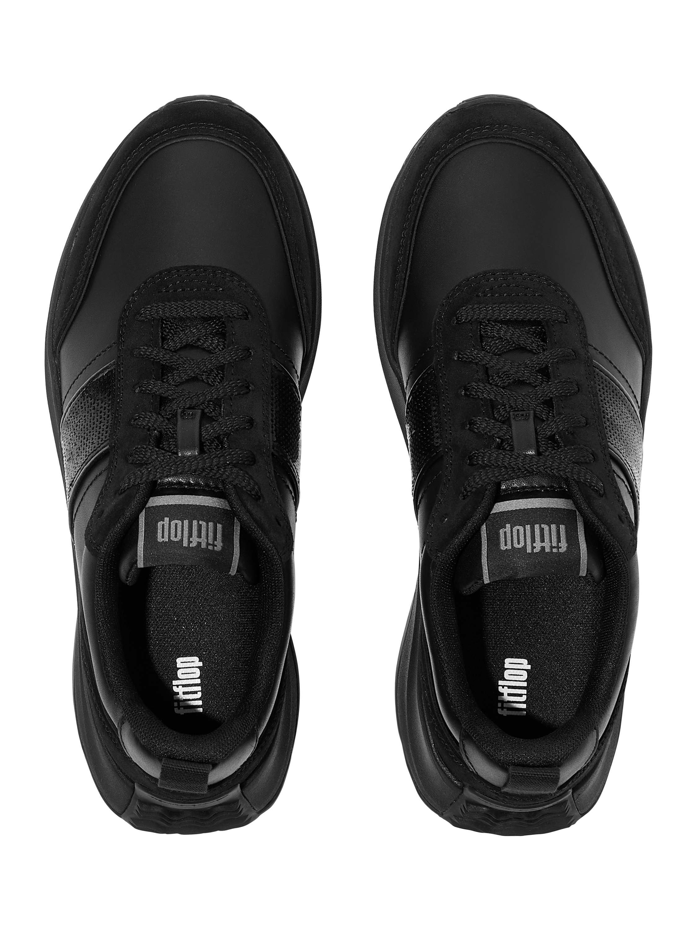 Product image 4 of 5, which shows FitFlop F-Mode Flow Sequin Suede Blend Flatform Trainers, All Black, 3