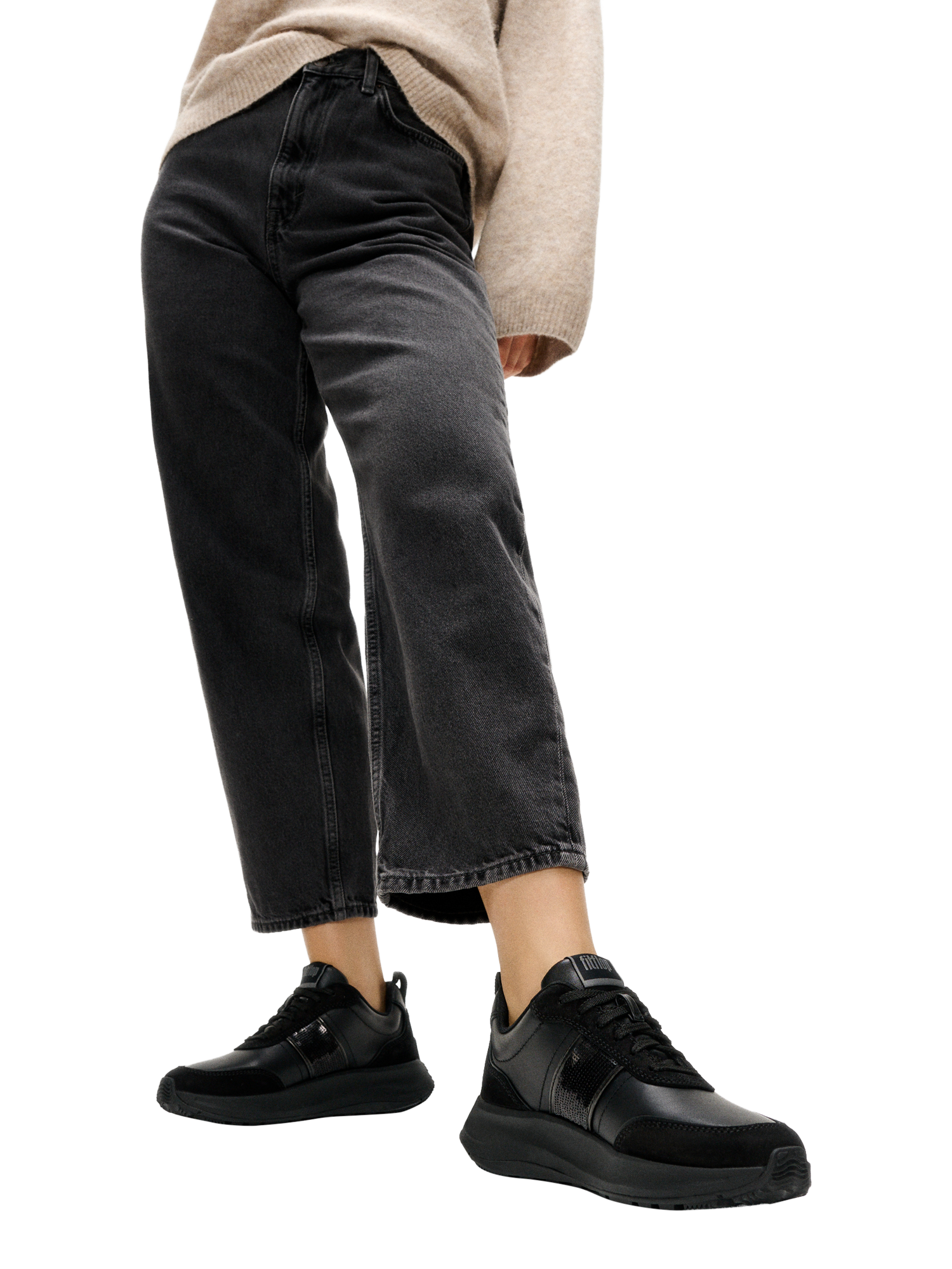 Product image 5 of 5, which shows FitFlop F-Mode Flow Sequin Suede Blend Flatform Trainers, All Black, 3