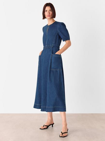 Whistles Short Sleeved Cotton Denim Flared Midi Dress, Blue