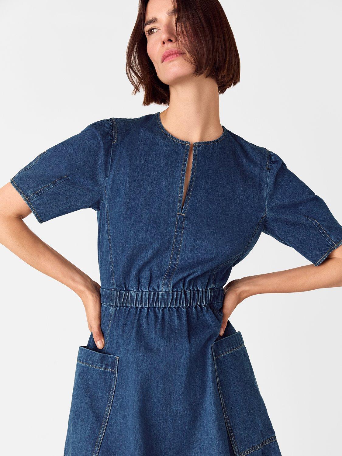 Product image 3 of 6, which shows Whistles Short Sleeved Cotton Denim Flared Midi Dress, Blue, 6
