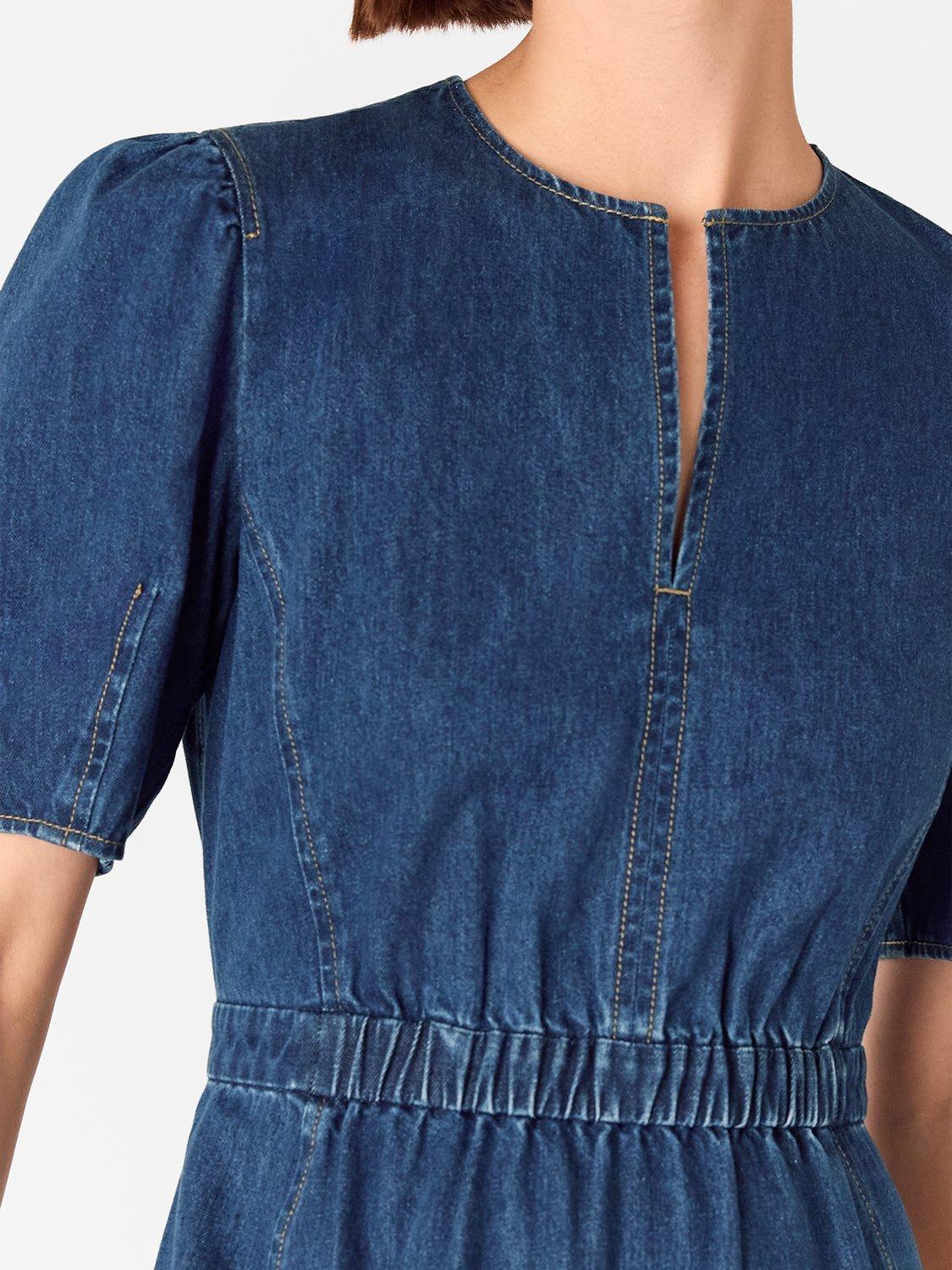 Product image 4 of 6, which shows Whistles Short Sleeved Cotton Denim Flared Midi Dress, Blue, 6