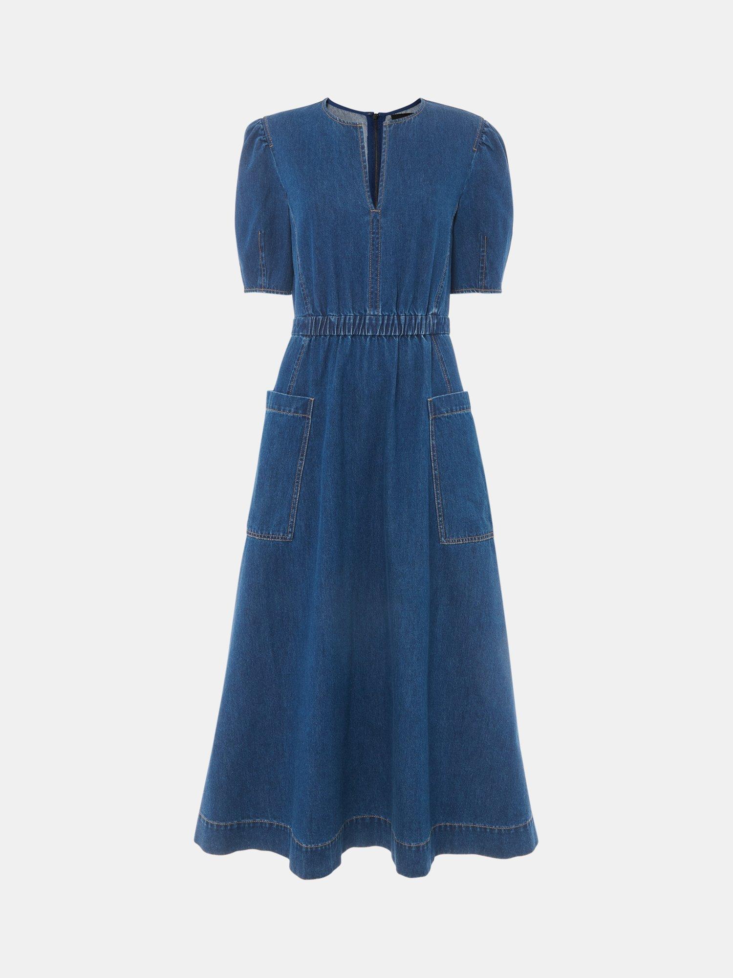 Product image 6 of 6, which shows Whistles Short Sleeved Cotton Denim Flared Midi Dress, Blue, 6