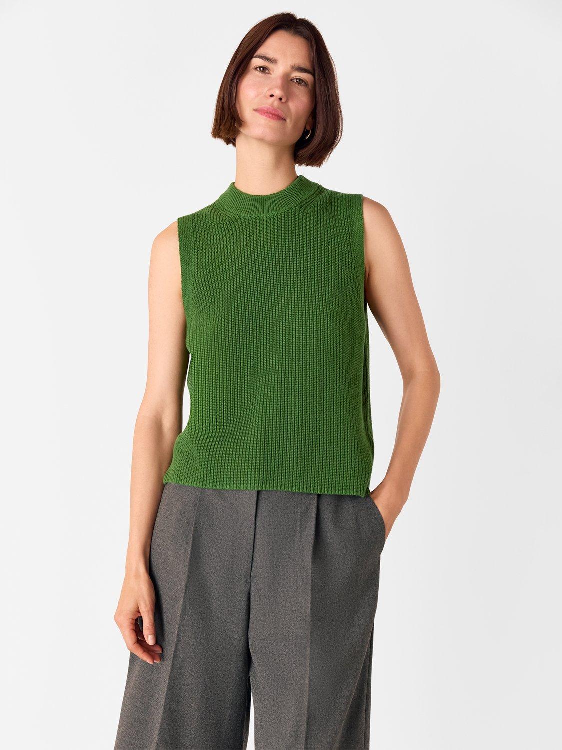 Product image 1 of 7, which shows Whistles Sleeveless Rib Cotton Knit Top, Green, XS