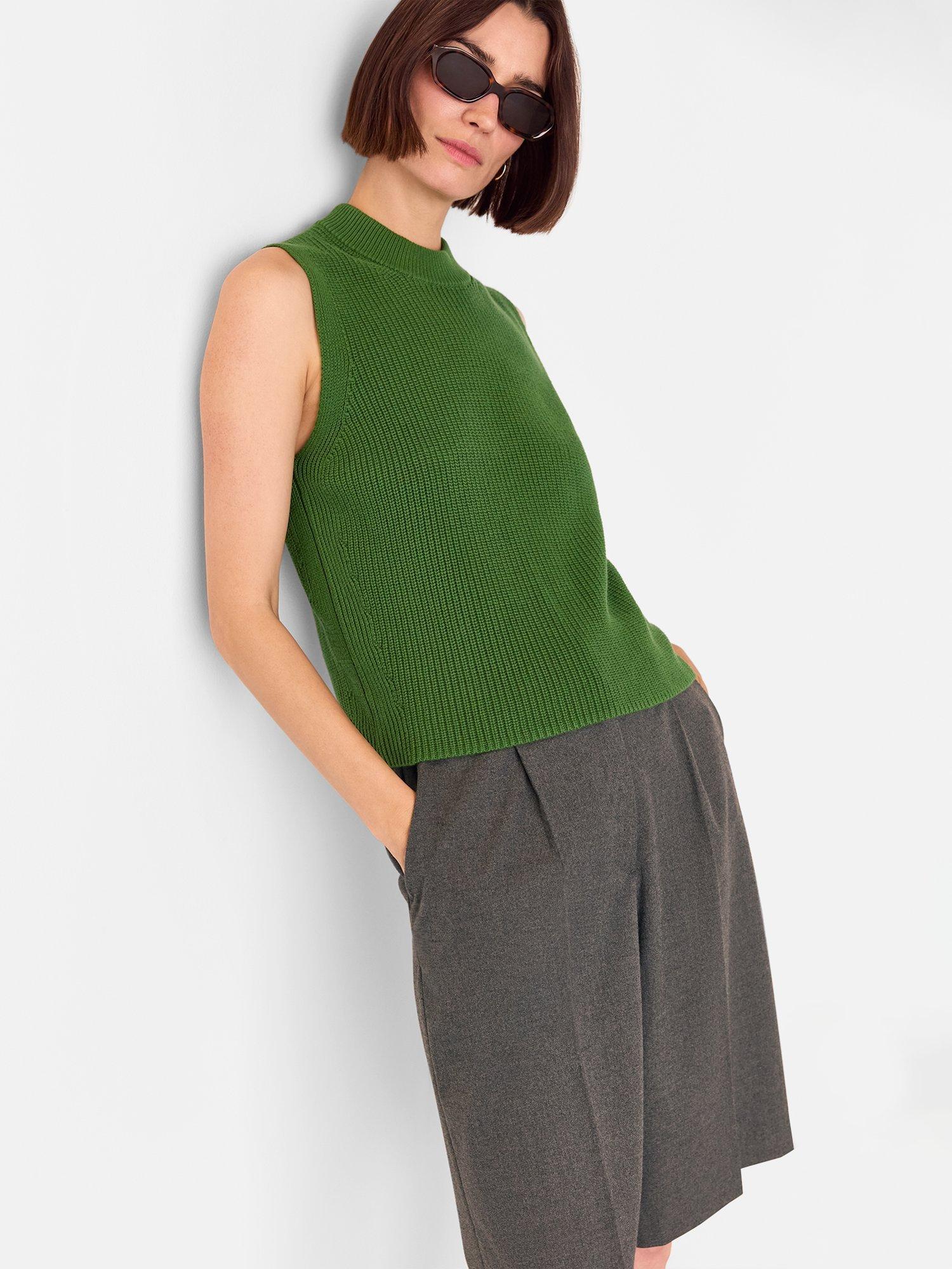Product image 3 of 7, which shows Whistles Sleeveless Rib Cotton Knit Top, Green, XS