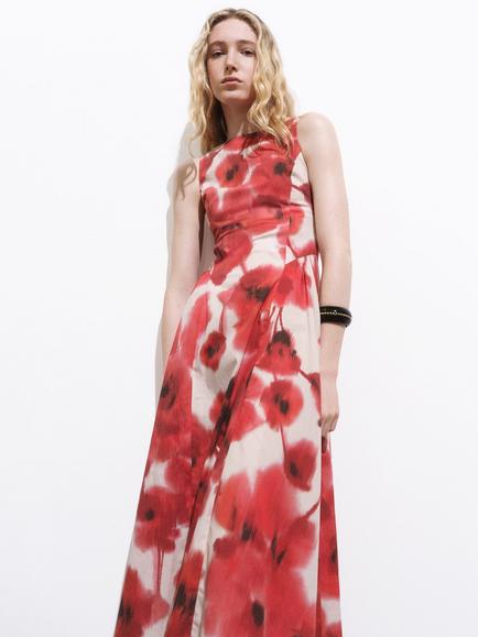 Mango Aquare Abstract Floral Midi Dress, Beige/Multi, Beige/Multi