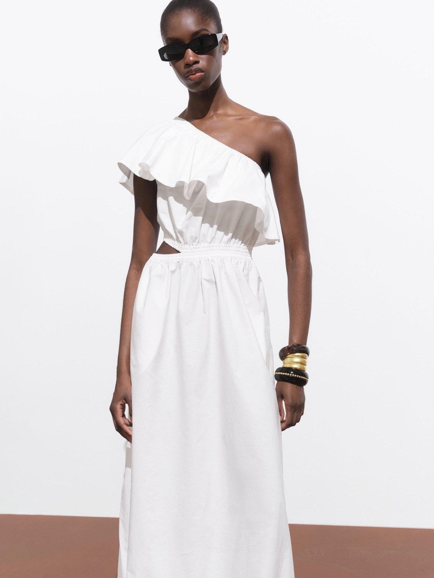 Product image 1 of 7, which shows Mango Cuty Frill Asymmetric Midi Dress, White, 6