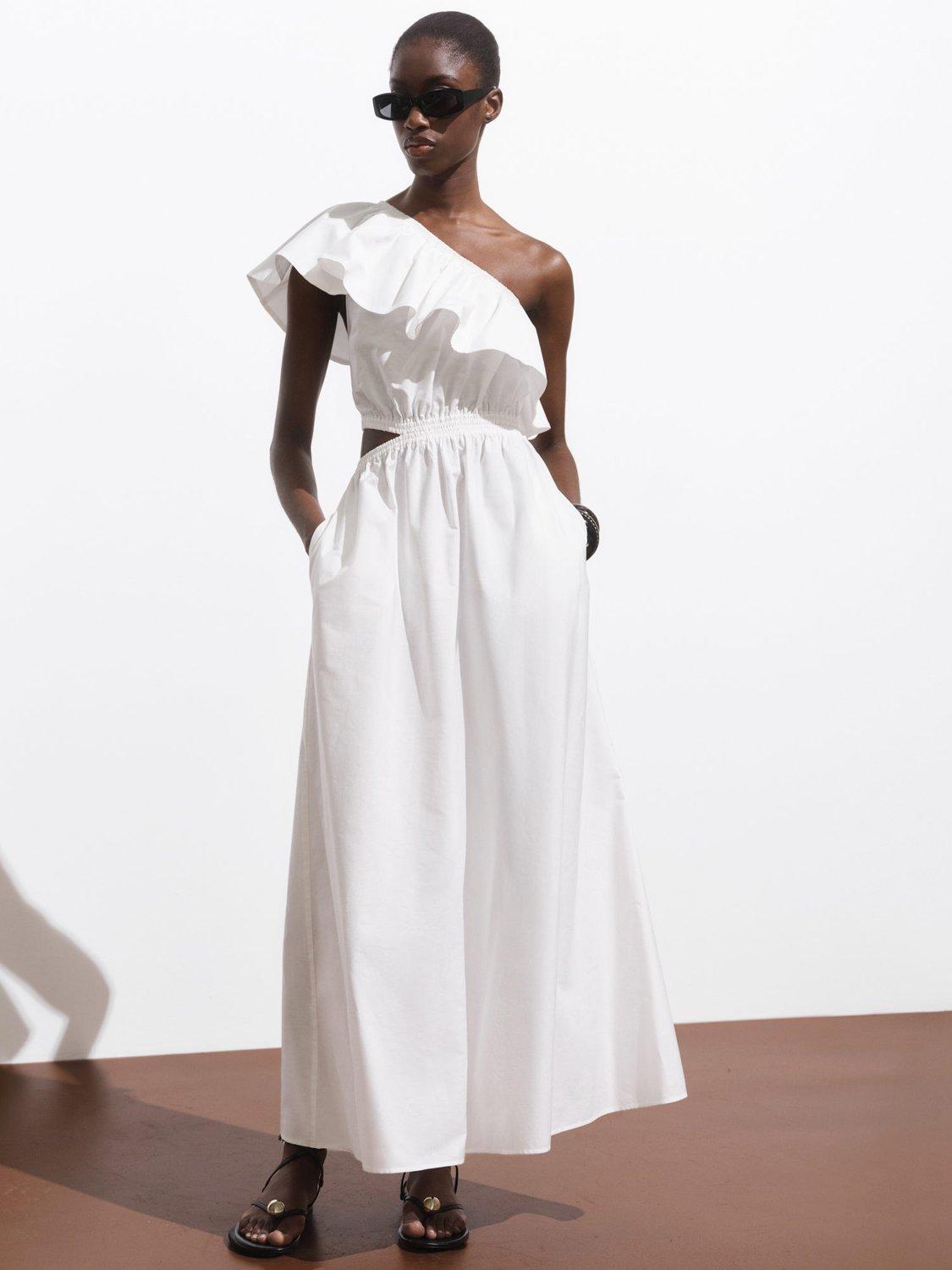 Product image 2 of 7, which shows Mango Cuty Frill Asymmetric Midi Dress, White, 6