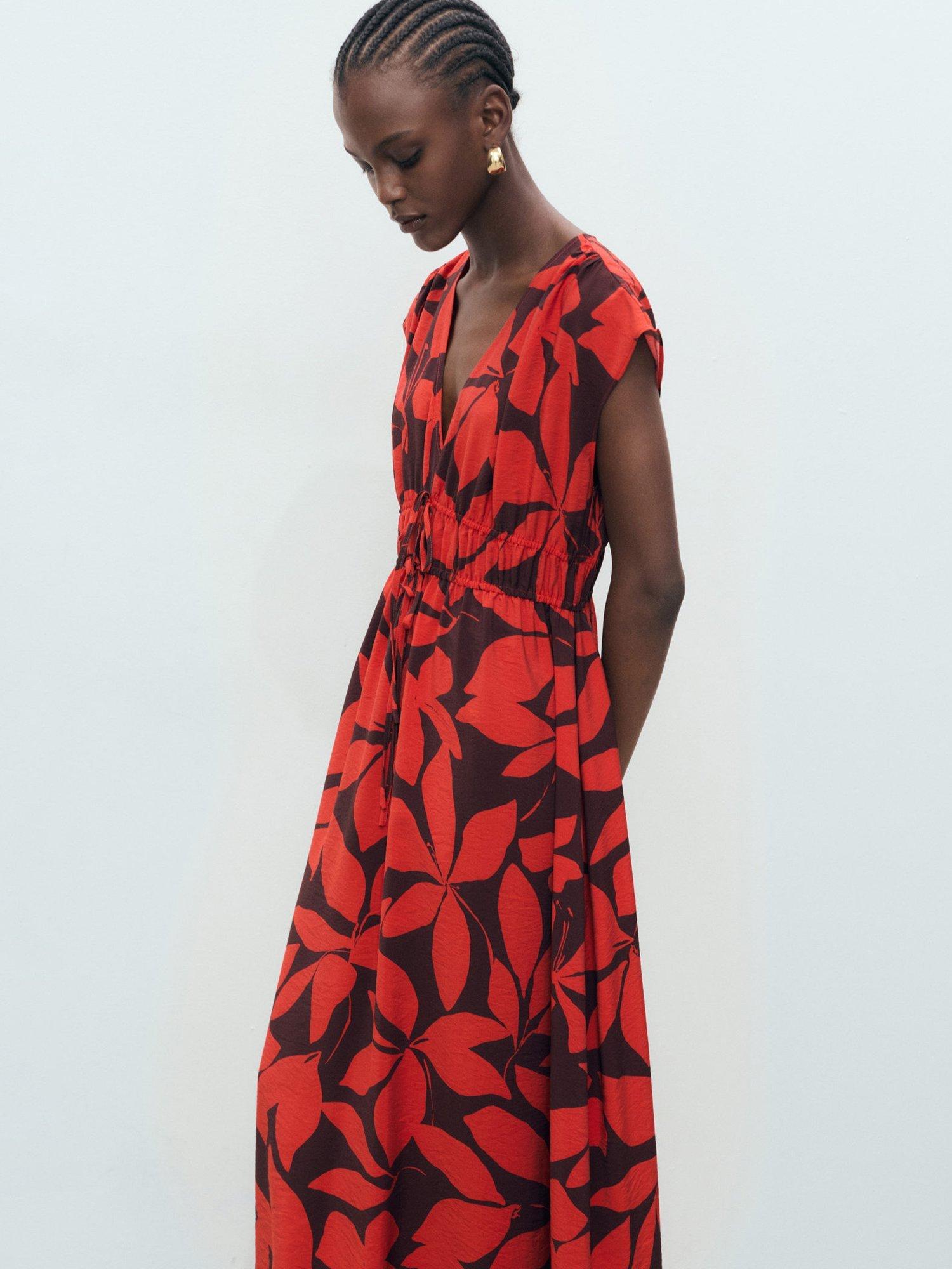 Product image 1 of 8, which shows Mango Jamie Printed V Neck Cap Sleeve Midi Dress, Red, 10