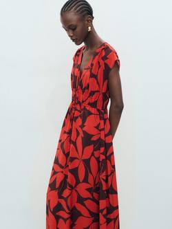 Mango Jamie Printed V Neck Cap Sleeve Midi Dress, Red