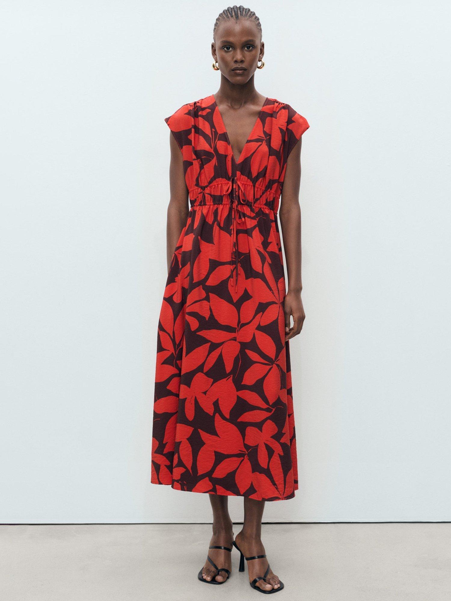Product image 2 of 8, which shows Mango Jamie Printed V Neck Cap Sleeve Midi Dress, Red, 10