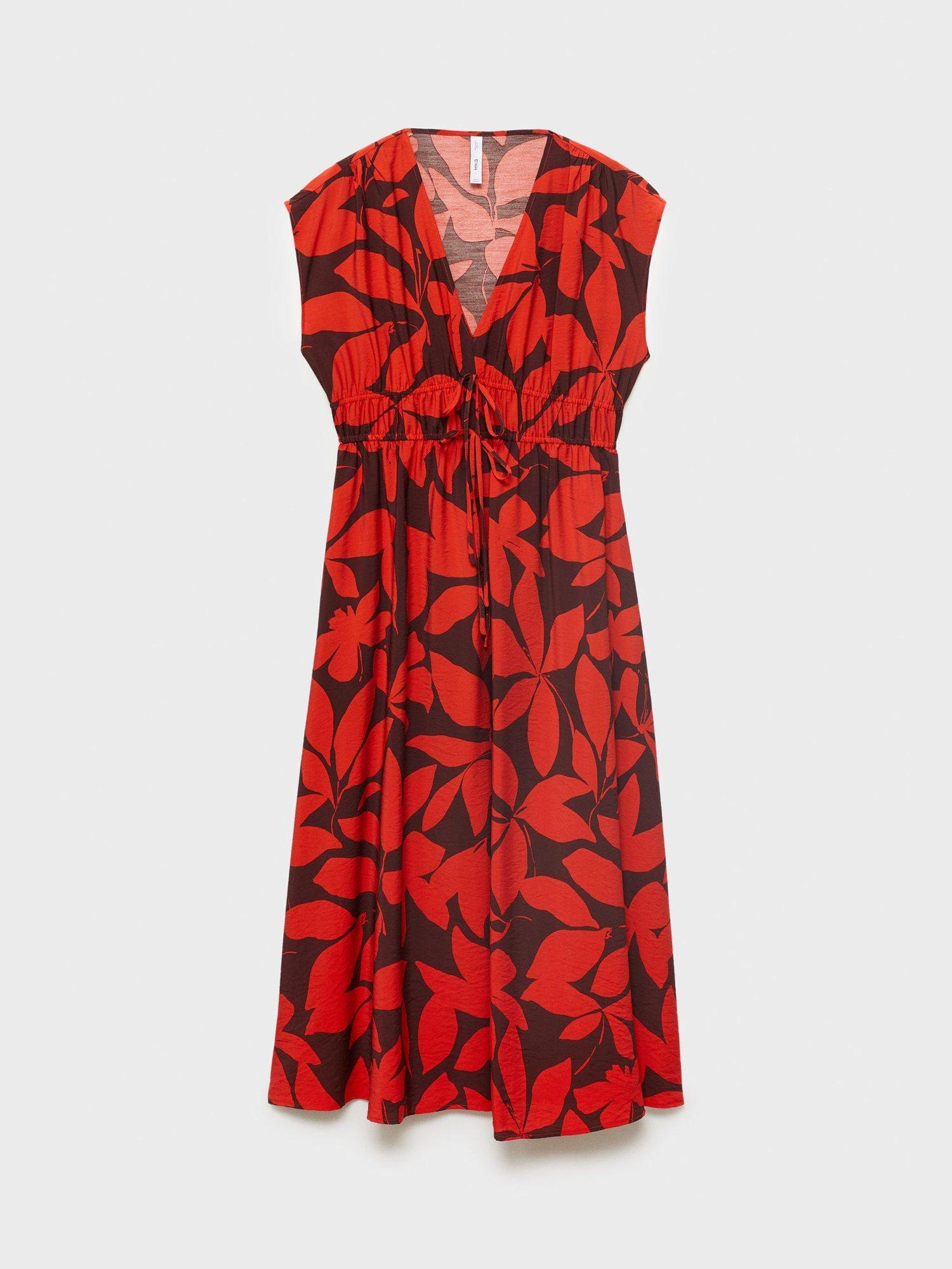 Product image 3 of 8, which shows Mango Jamie Printed V Neck Cap Sleeve Midi Dress, Red, 10