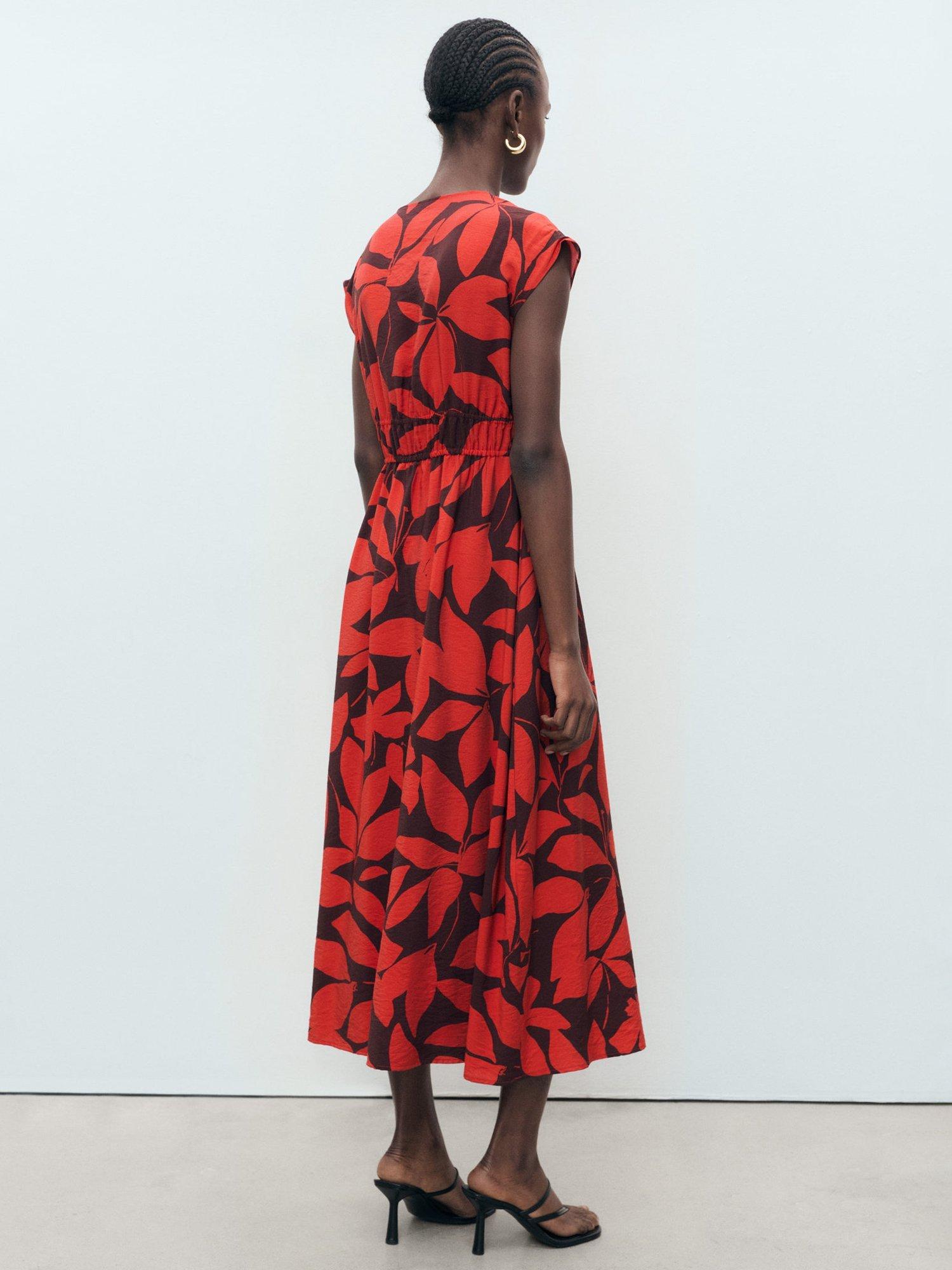Product image 4 of 8, which shows Mango Jamie Printed V Neck Cap Sleeve Midi Dress, Red, 10