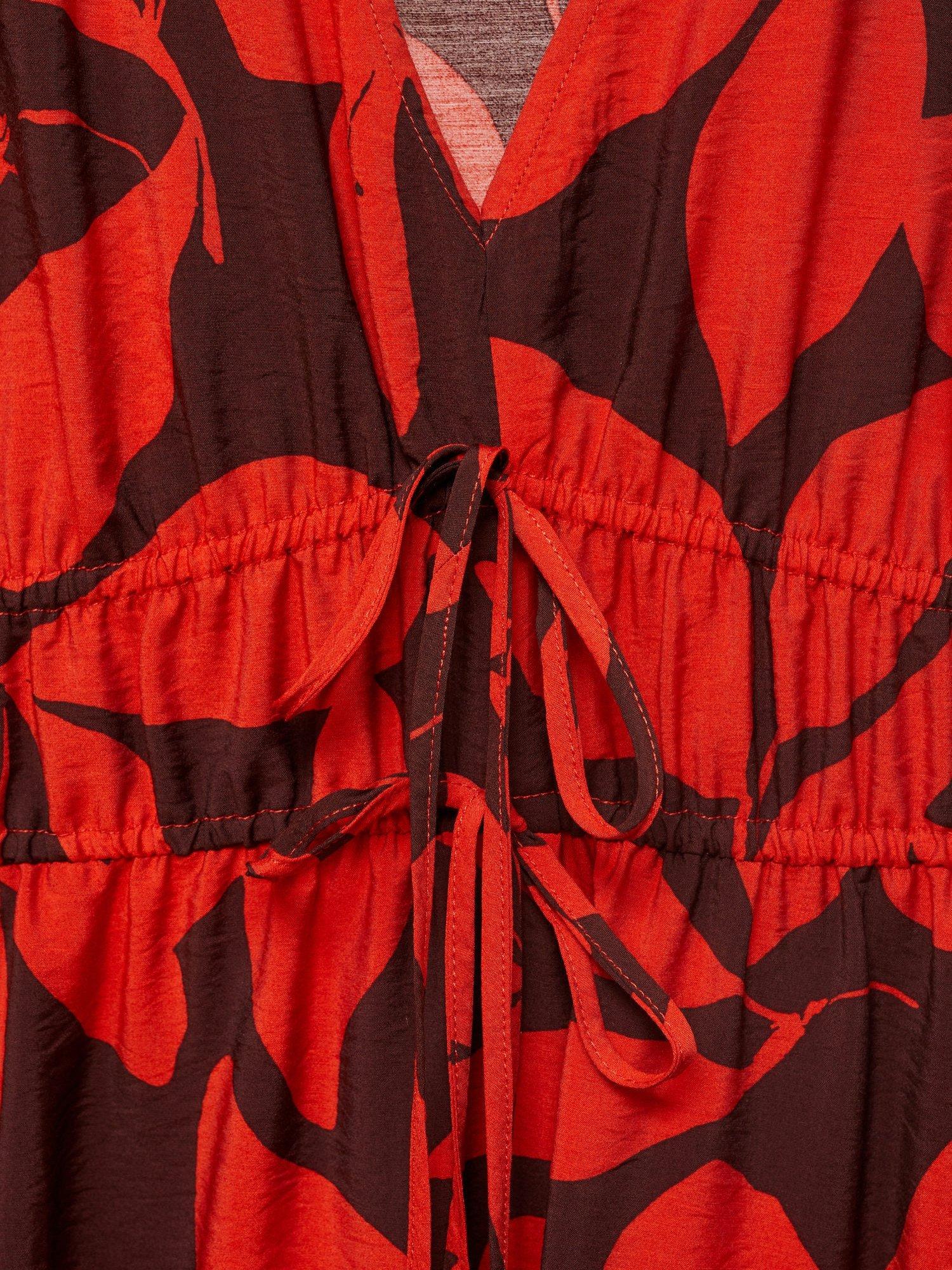 Product image 5 of 8, which shows Mango Jamie Printed V Neck Cap Sleeve Midi Dress, Red, 10