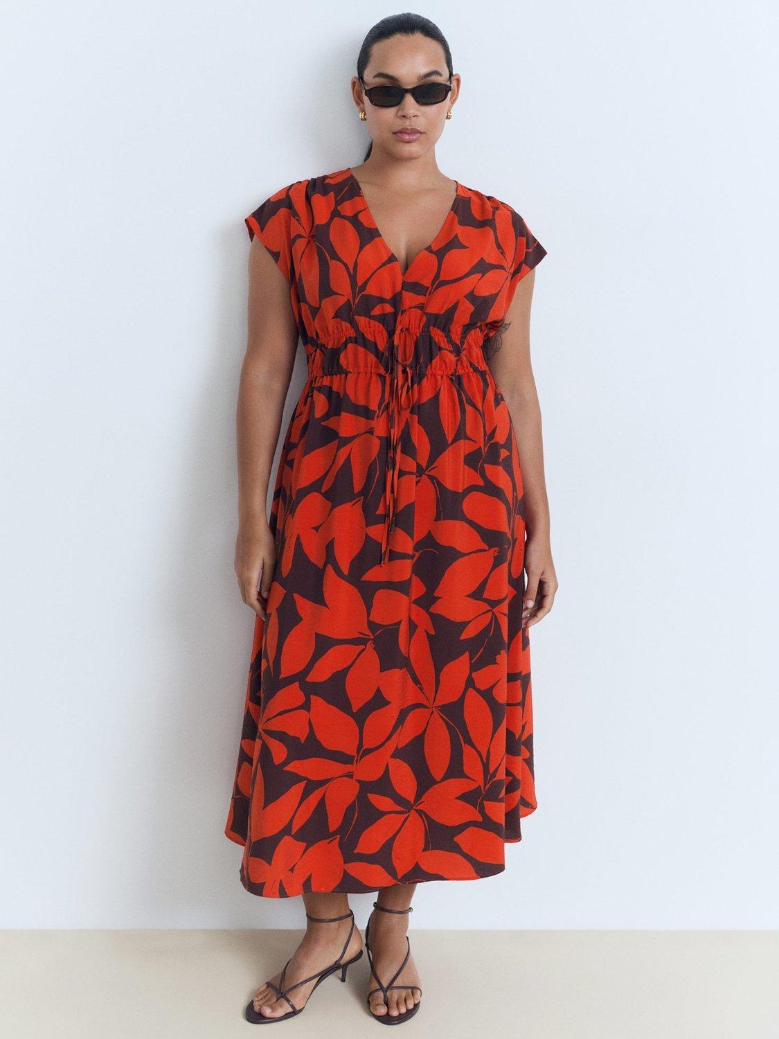 Product image 7 of 8, which shows Mango Jamie Printed V Neck Cap Sleeve Midi Dress, Red, 10