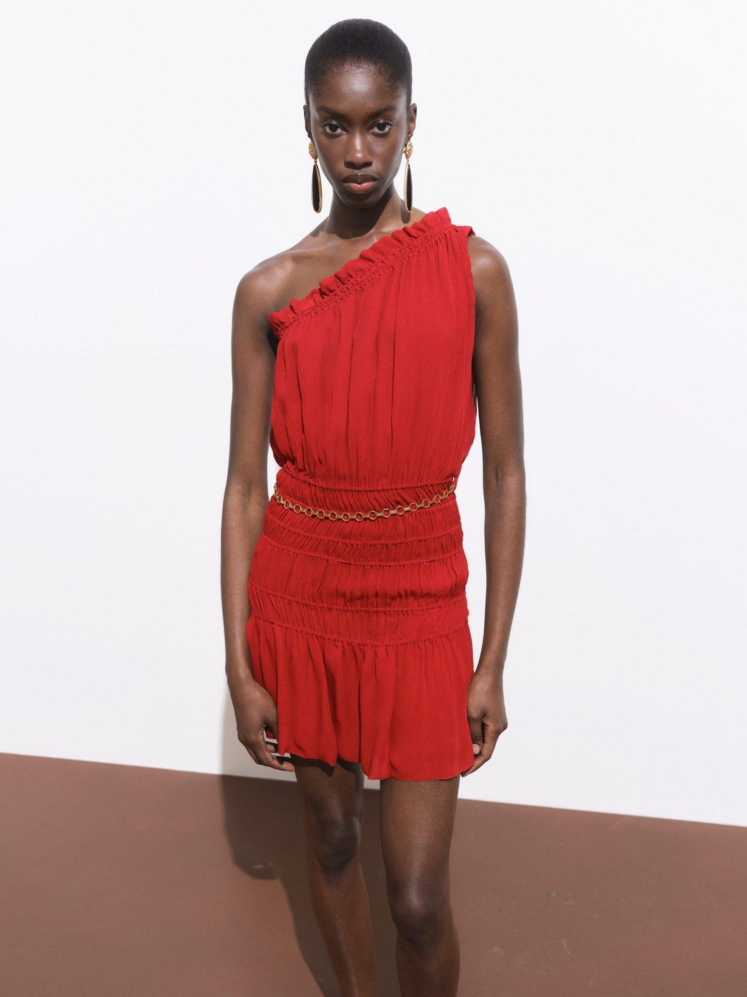 Product image 1 of 7, which shows Mango Michelle Sleeveless Asymmetric Neck Mini Dress, Dark Red, 10