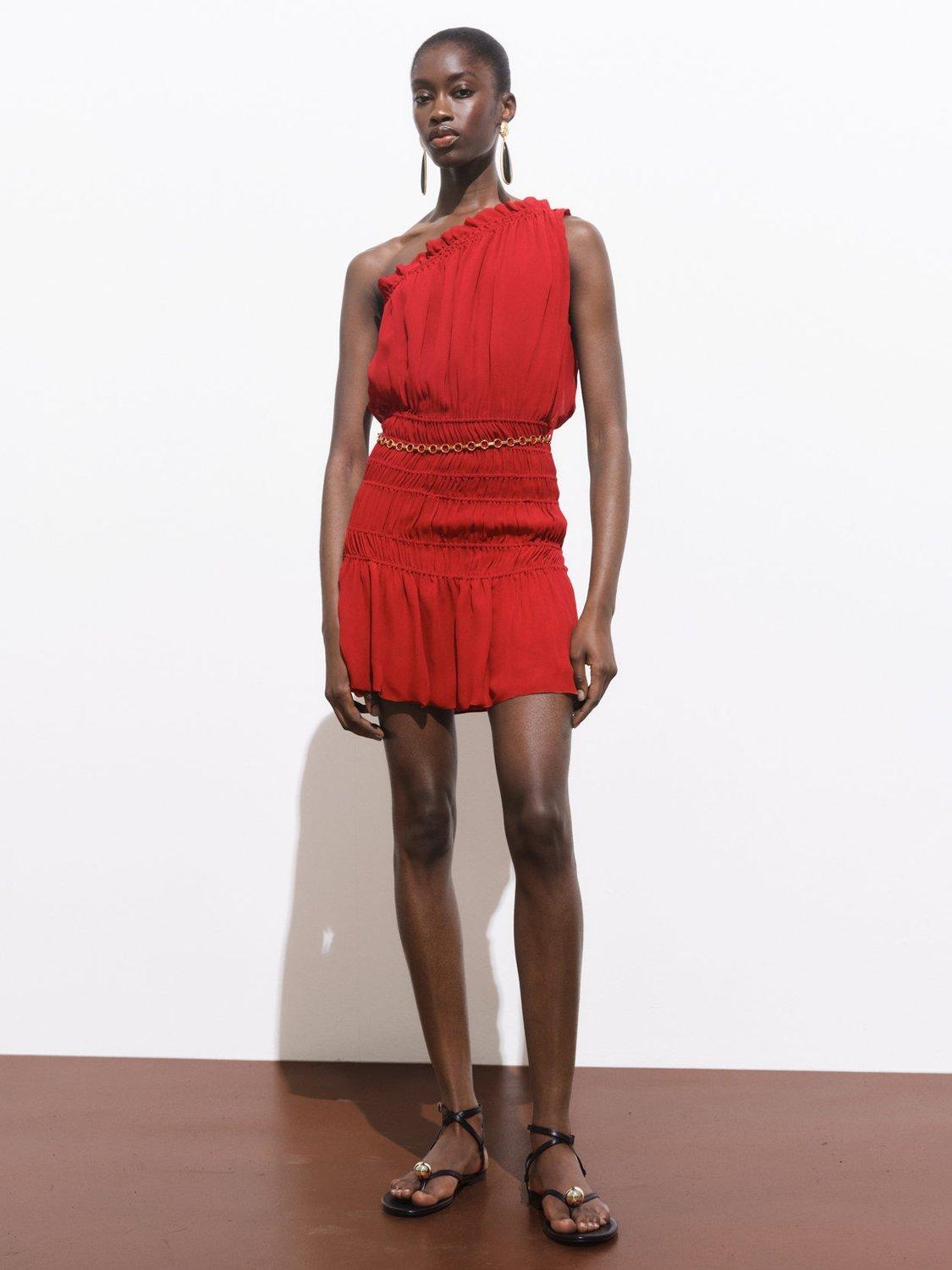 Product image 2 of 7, which shows Mango Michelle Sleeveless Asymmetric Neck Mini Dress, Dark Red, 10