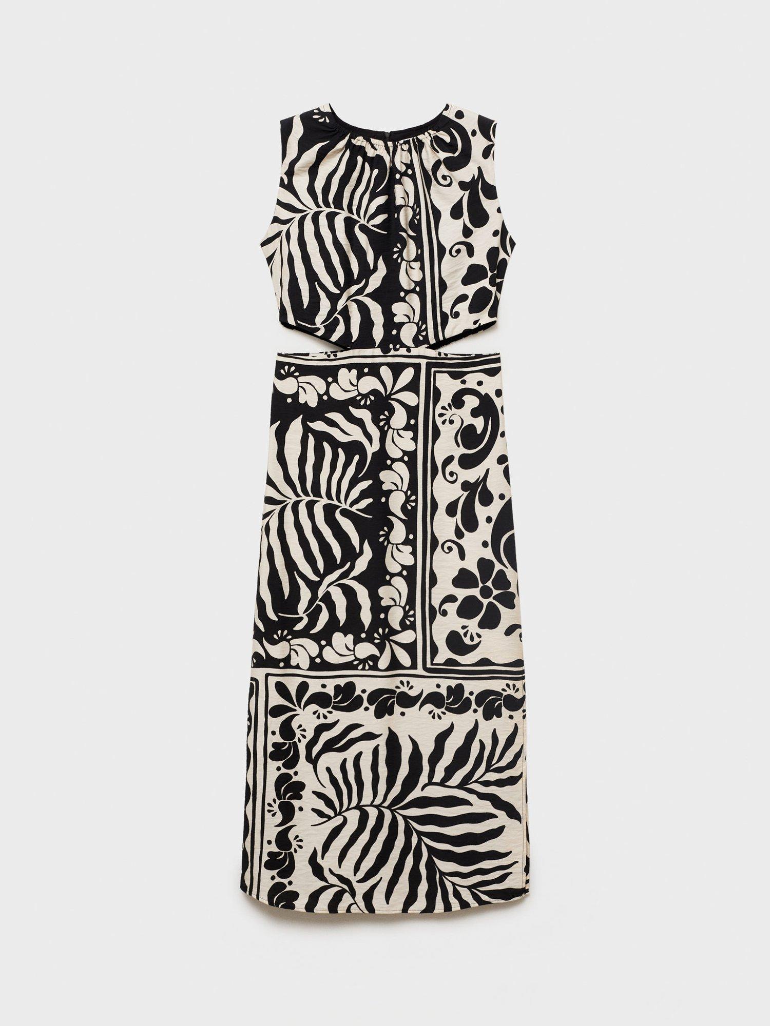 Product image 3 of 9, which shows Mango Olimpio Printed Cut-out Round Neck Midi Dress, Black, 10