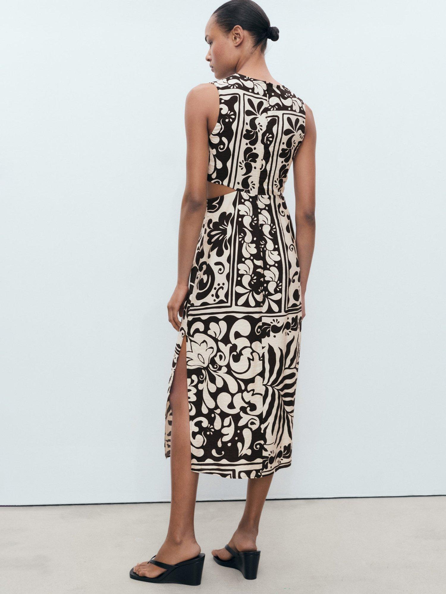 Product image 4 of 9, which shows Mango Olimpio Printed Cut-out Round Neck Midi Dress, Black, 10