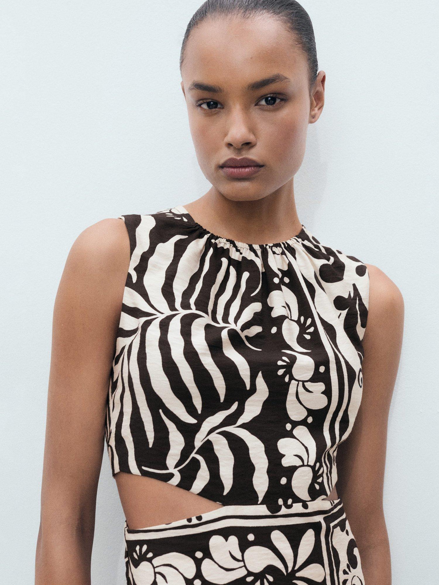 Product image 6 of 9, which shows Mango Olimpio Printed Cut-out Round Neck Midi Dress, Black, 10