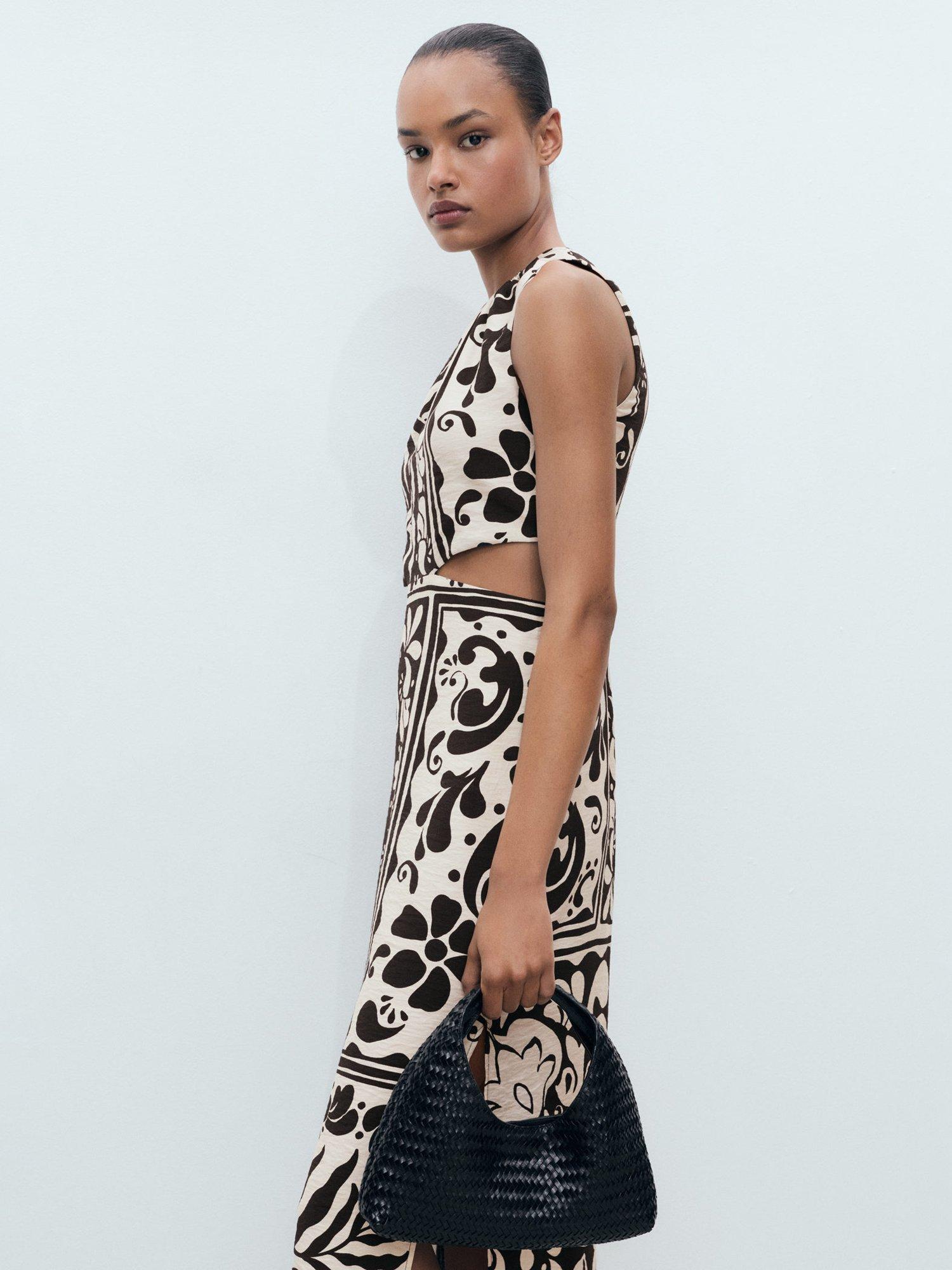 Product image 7 of 9, which shows Mango Olimpio Printed Cut-out Round Neck Midi Dress, Black, 10