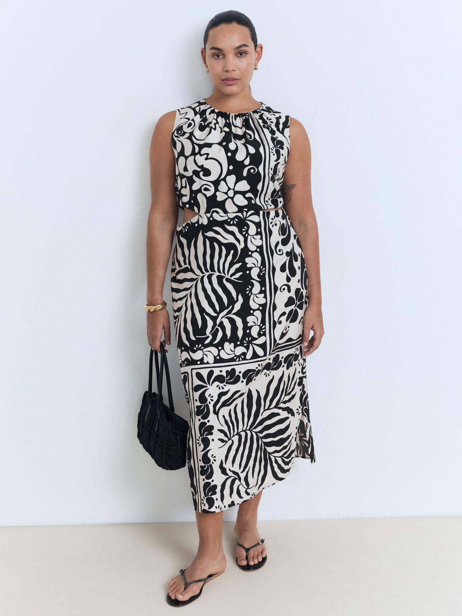 Product image 8 of 9, which shows Mango Olimpio Printed Cut-out Round Neck Midi Dress, Black, 10