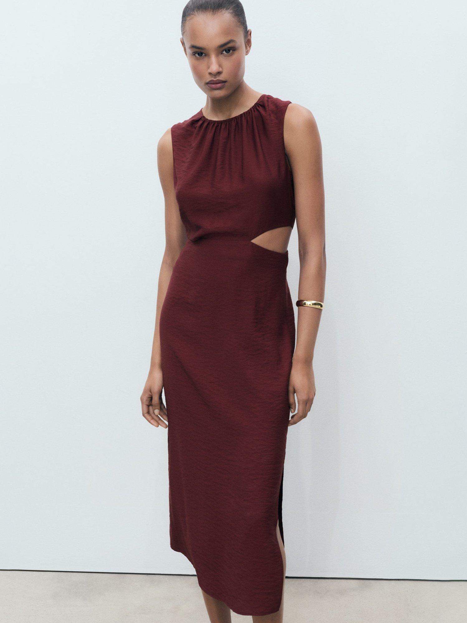 Product image 1 of 8, which shows Mango Olimpio Printed Cut-out Round Neck Midi Dress, Dark Red, 14