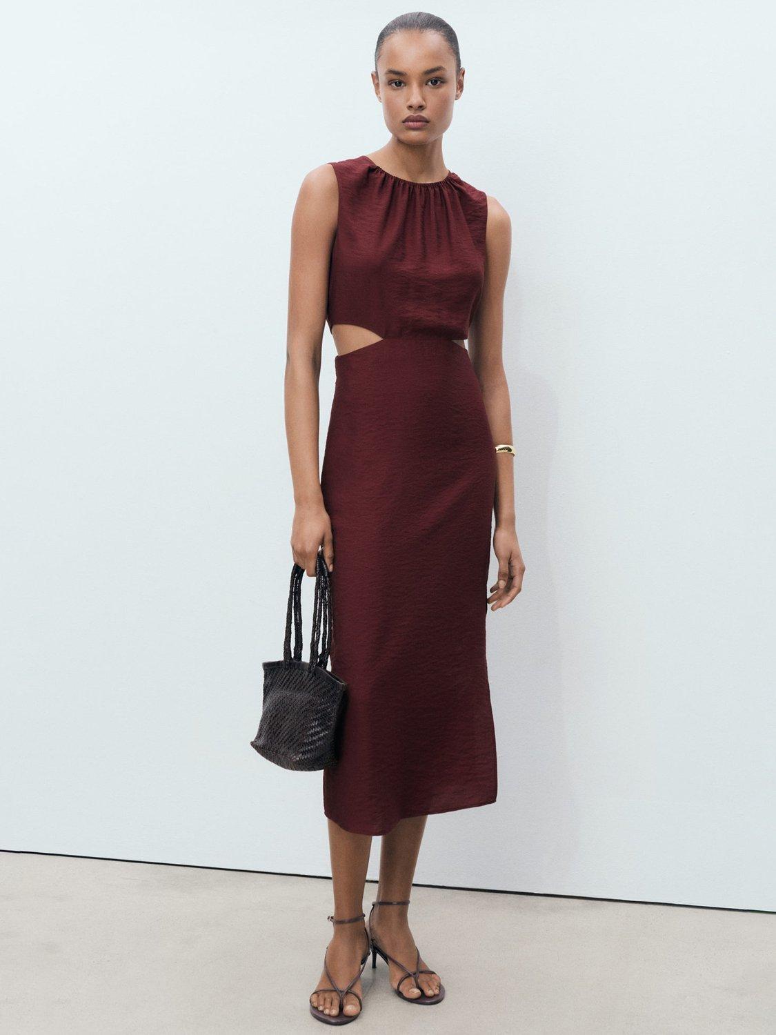Product image 2 of 8, which shows Mango Olimpio Printed Cut-out Round Neck Midi Dress, Dark Red, 14