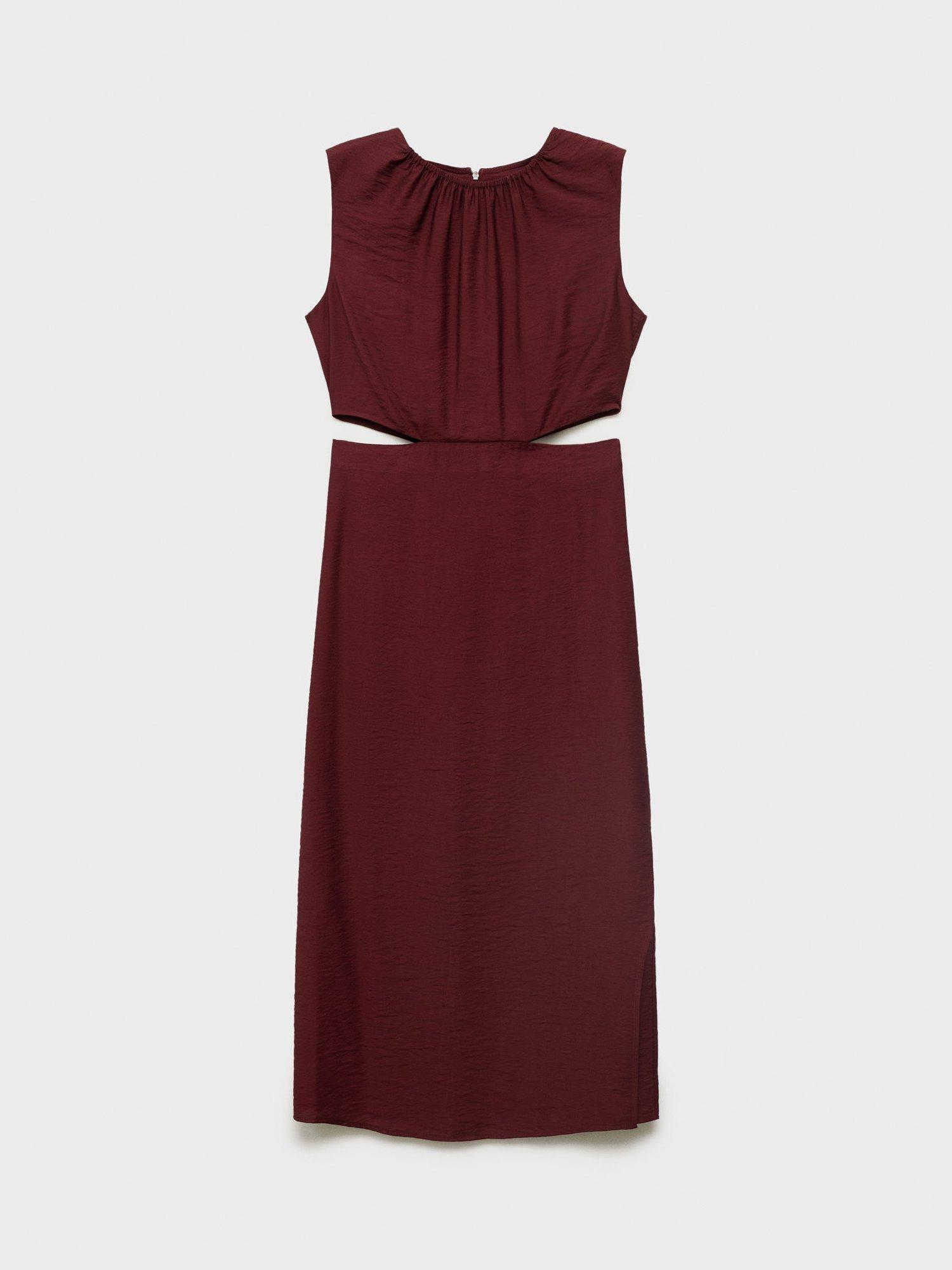 Product image 3 of 8, which shows Mango Olimpio Printed Cut-out Round Neck Midi Dress, Dark Red, 14
