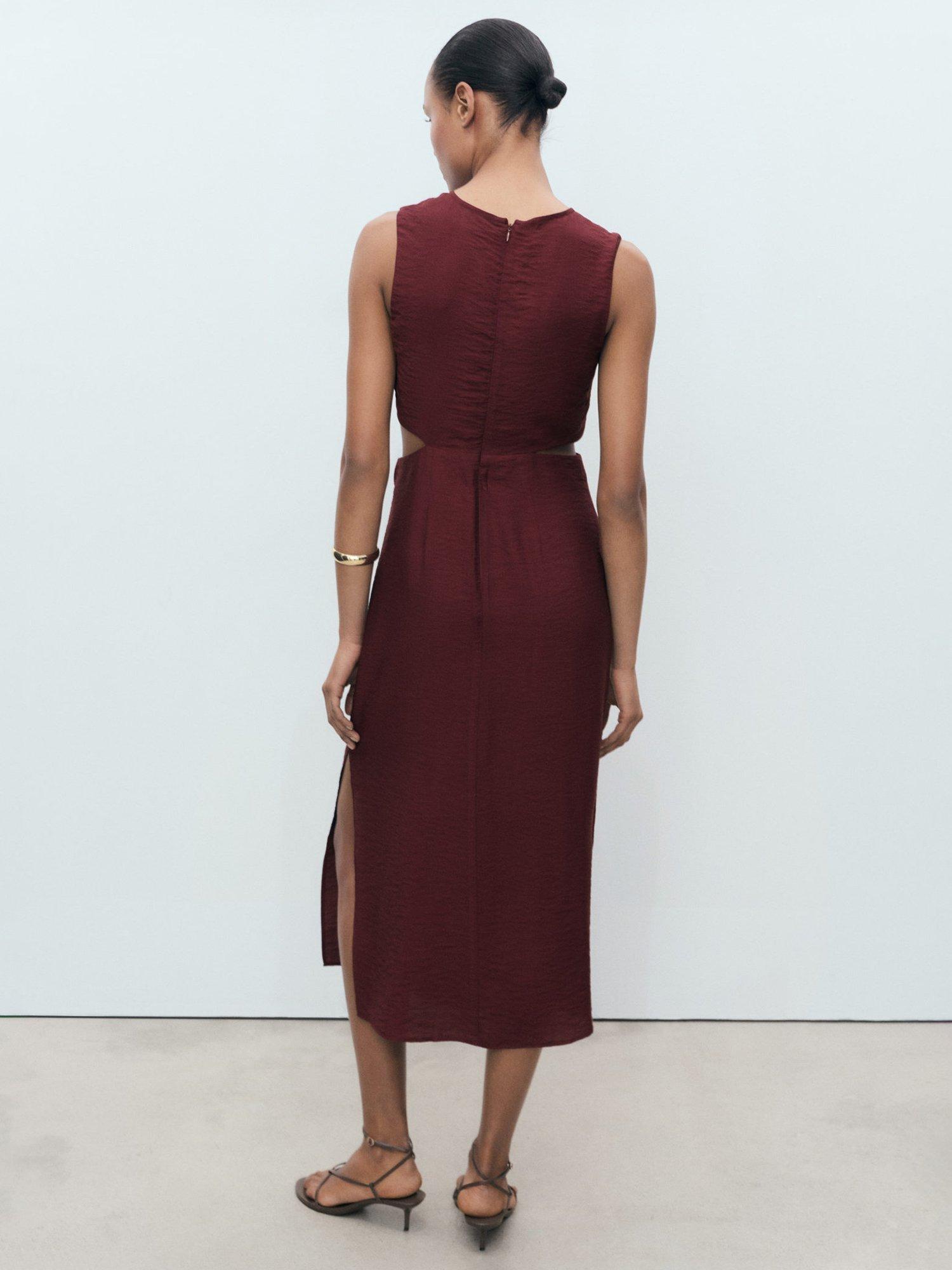 Product image 4 of 8, which shows Mango Olimpio Printed Cut-out Round Neck Midi Dress, Dark Red, 14