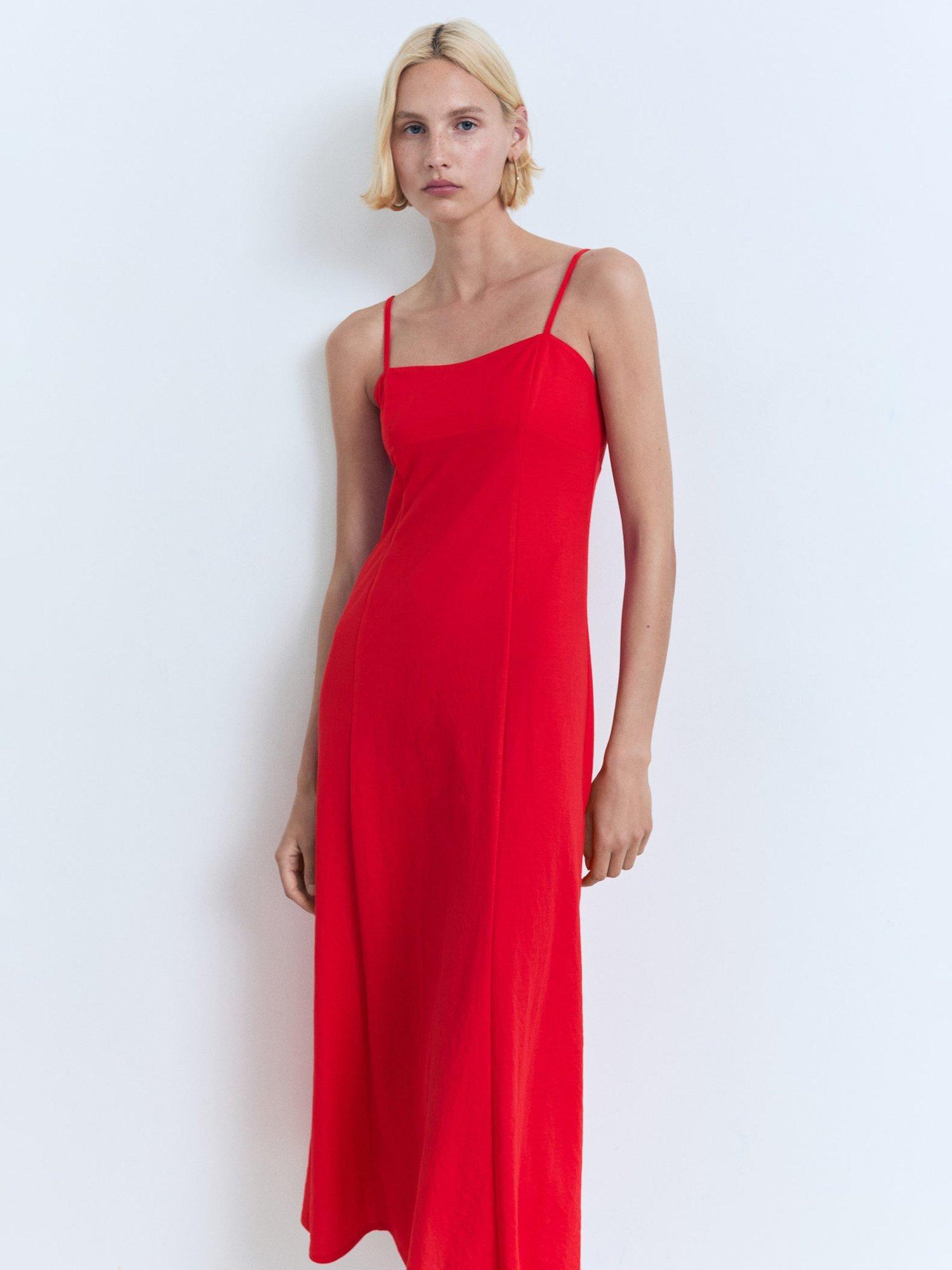 Product image 1 of 7, which shows Mango Peach Strappy Tie Back Midi Dress, Red, 10