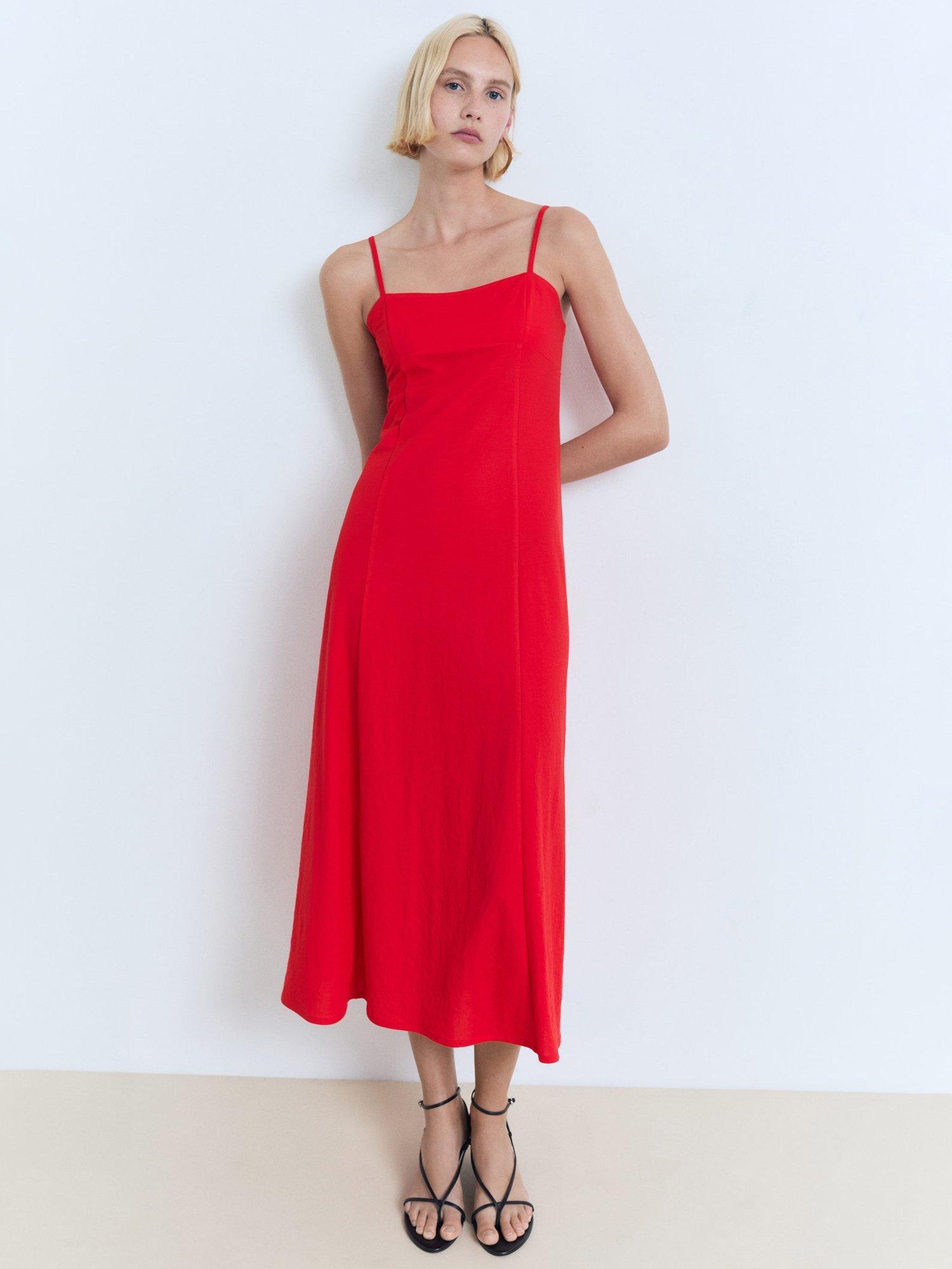 Product image 2 of 7, which shows Mango Peach Strappy Tie Back Midi Dress, Red, 10