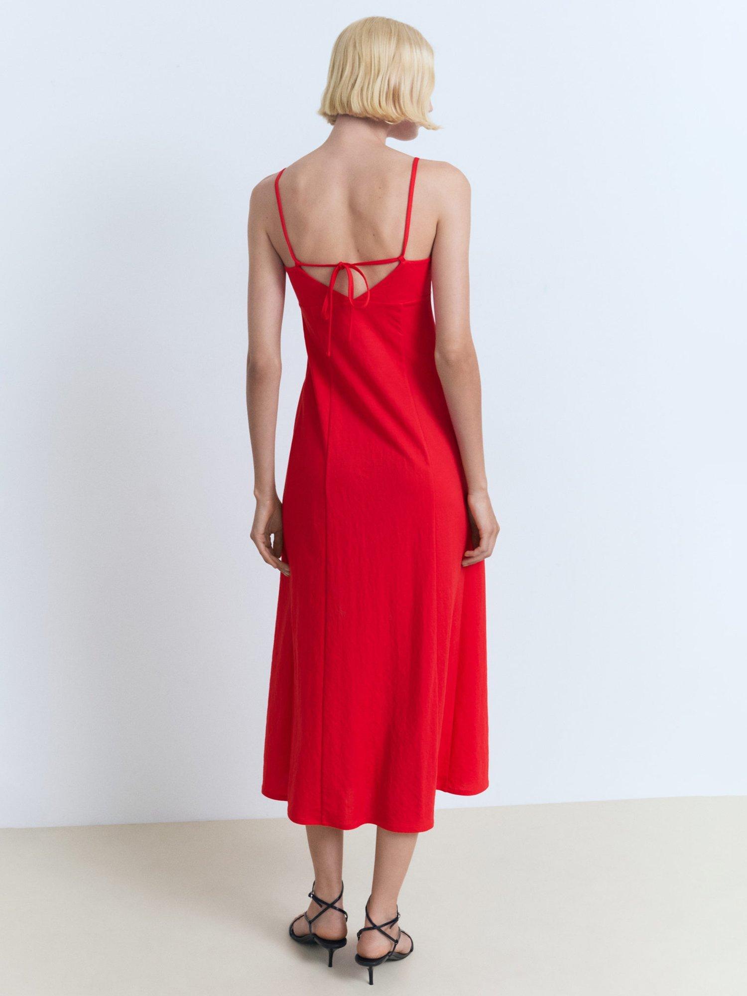 Product image 4 of 7, which shows Mango Peach Strappy Tie Back Midi Dress, Red, 10