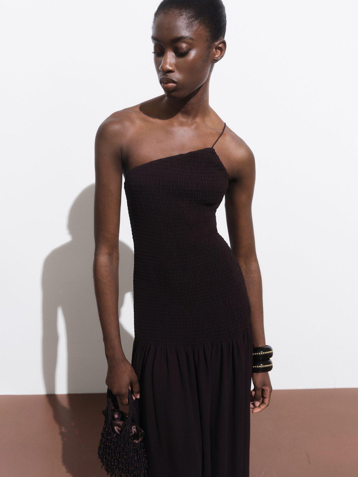 Product image 1 of 7, which shows Mango Leia Asymmetric Drop Waist Dress, Dark Brown, 10