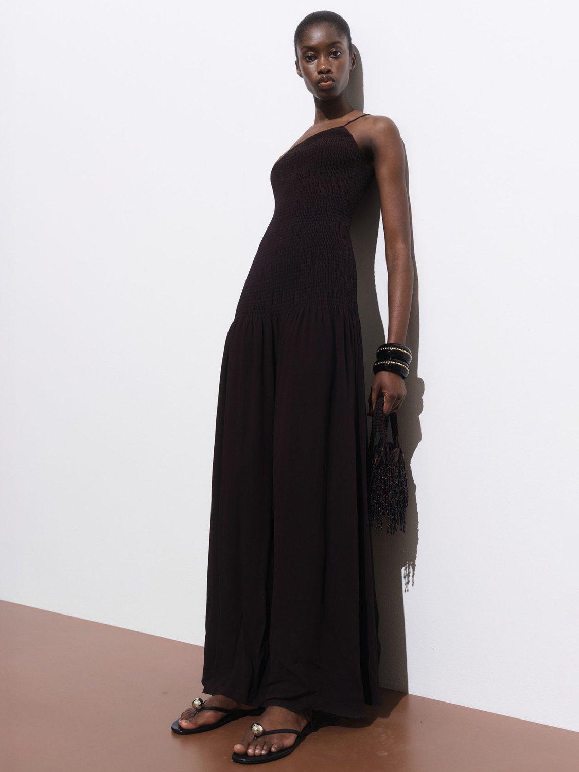 Product image 2 of 7, which shows Mango Leia Asymmetric Drop Waist Dress, Dark Brown, 10